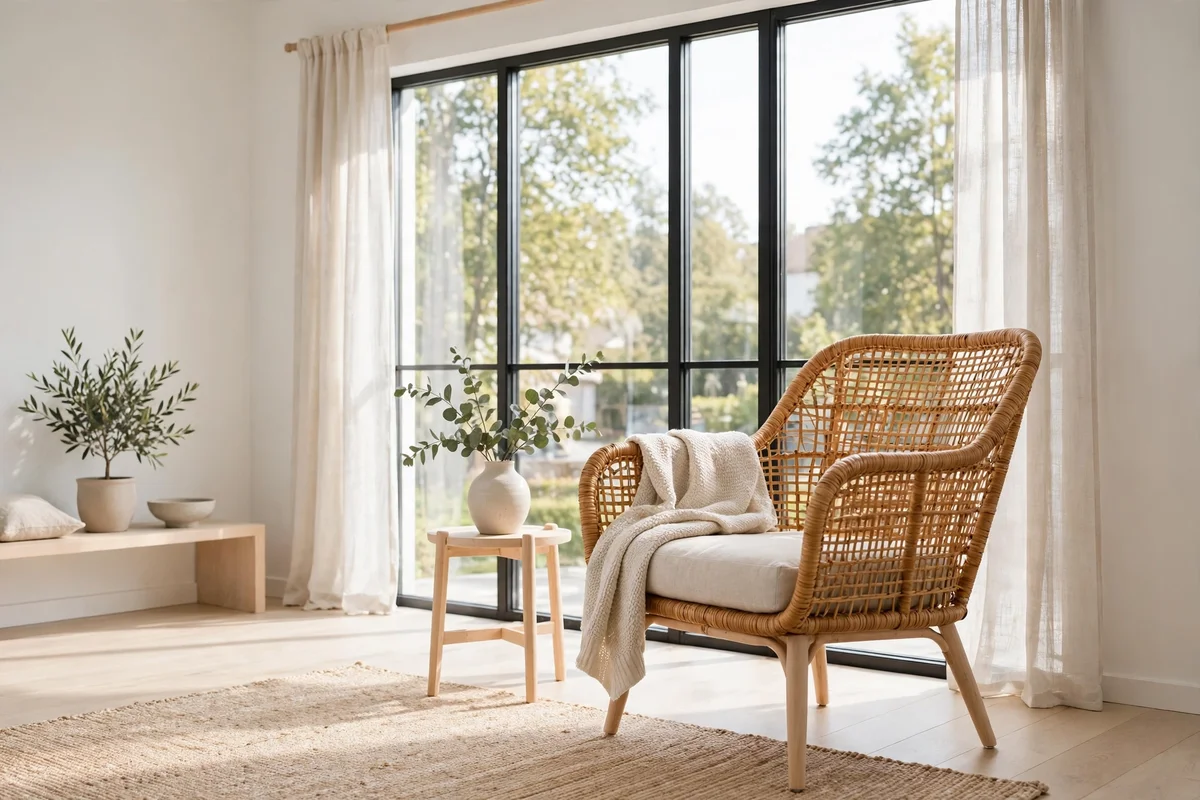 Rattan accent chair by a window in a Scandinavian living room