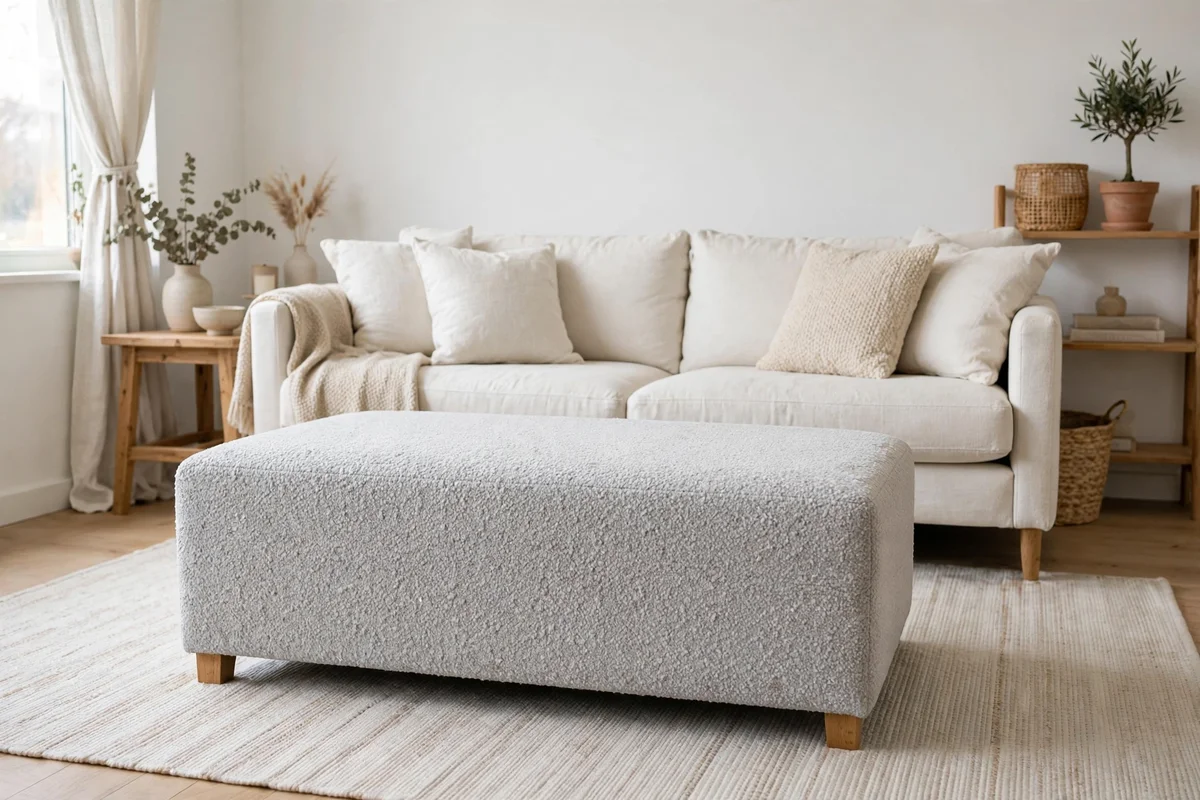 Fabric storage ottoman doubling as seating in a Scandinavian living room