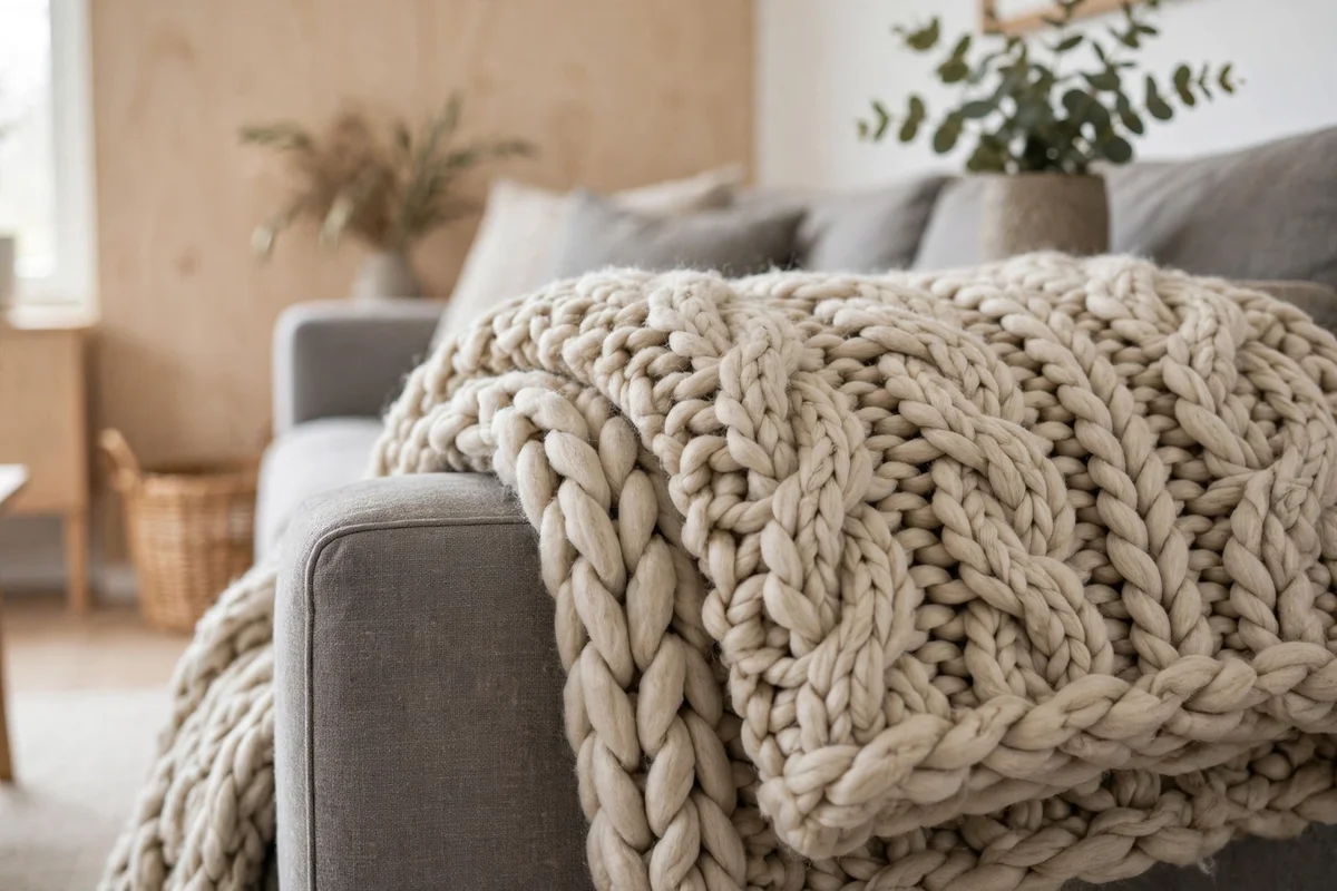 Chunky knit throw draped over a sofa in a Scandinavian living room