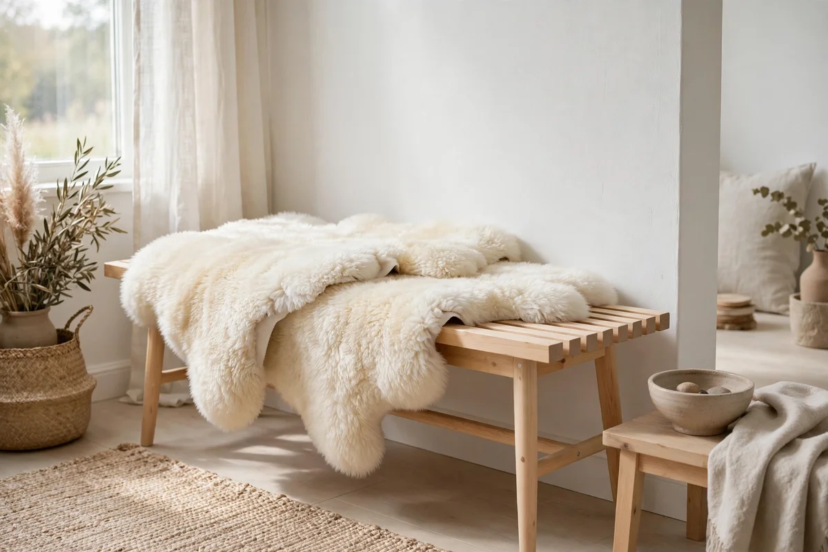 Sheepskin rugs softening a bench in a Scandinavian living room