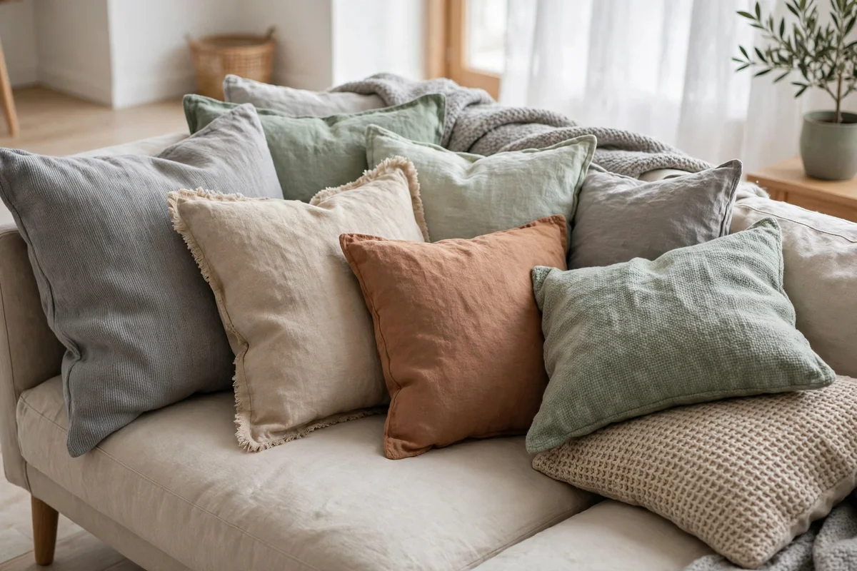 Linen cushions in muted tones layered on a Scandinavian sofa