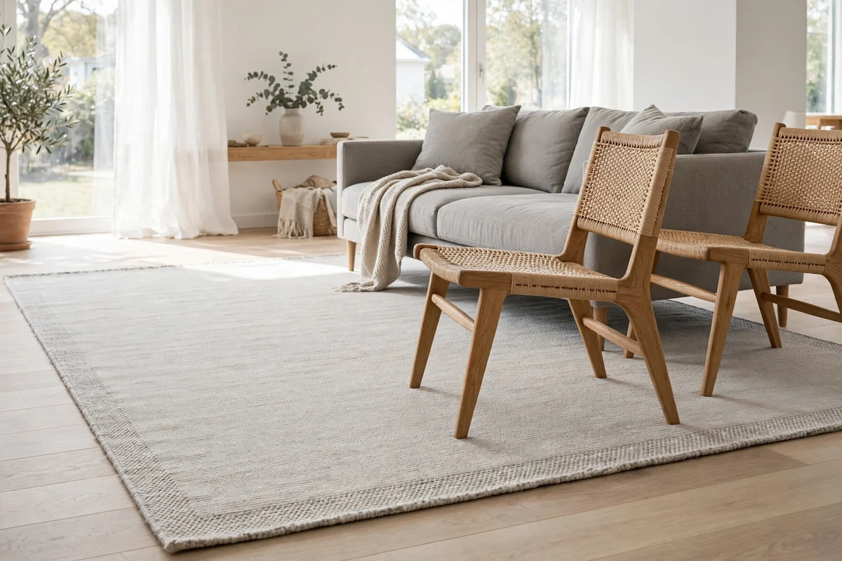 Flat-weave wool rug anchoring a Scandinavian living room seating area