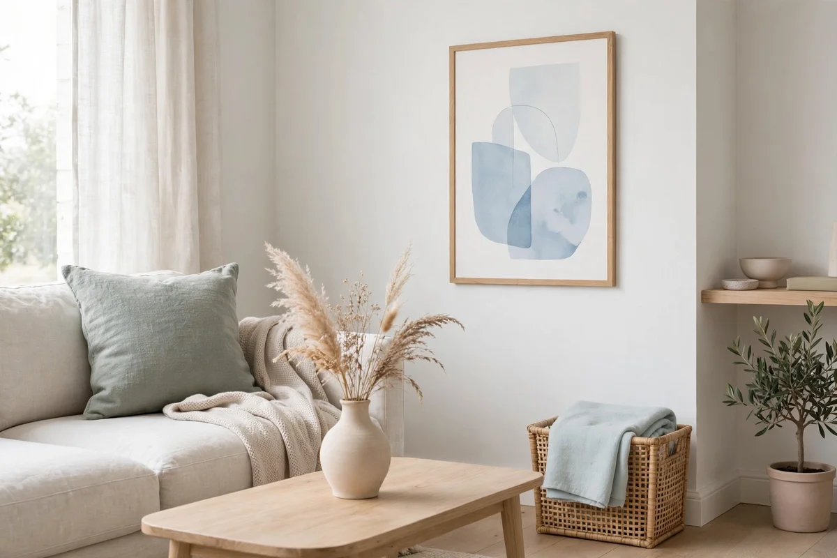 Muted pastel accents in cushions and ceramics in a Scandinavian living room