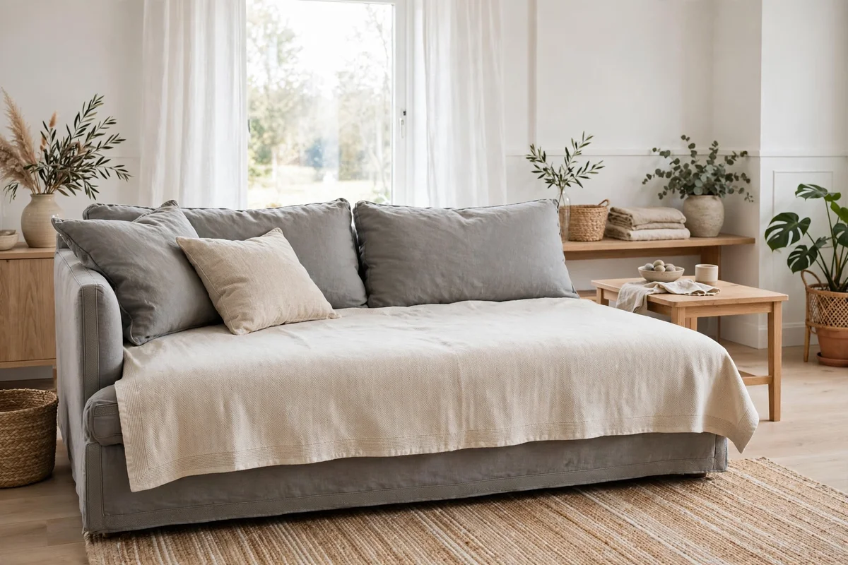 Sofa dressed with a flat throw like bedding in a Scandinavian living room