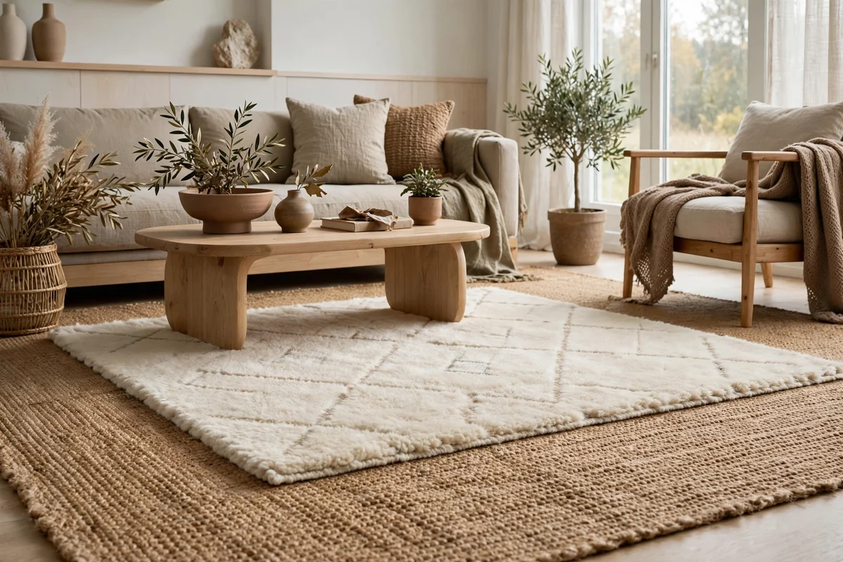 Natural jute rug layered under a wool rug in a Scandinavian living room