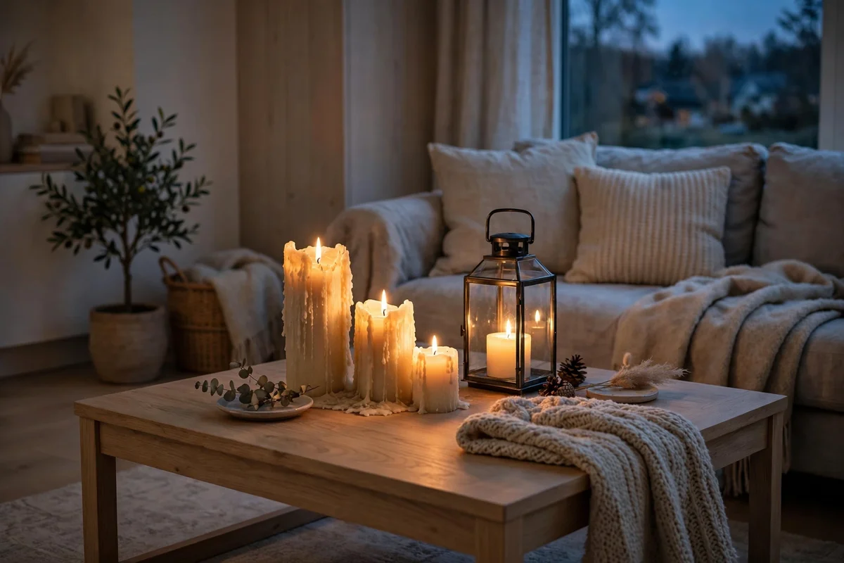 Cluster of candles and lanterns glowing on a coffee table