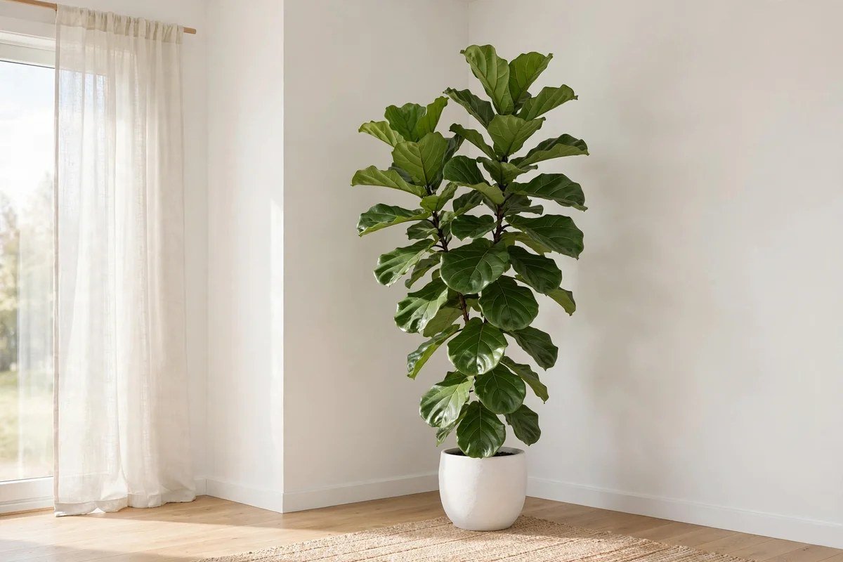 Large fiddle leaf fig in a ceramic pot in a Scandinavian living room corner