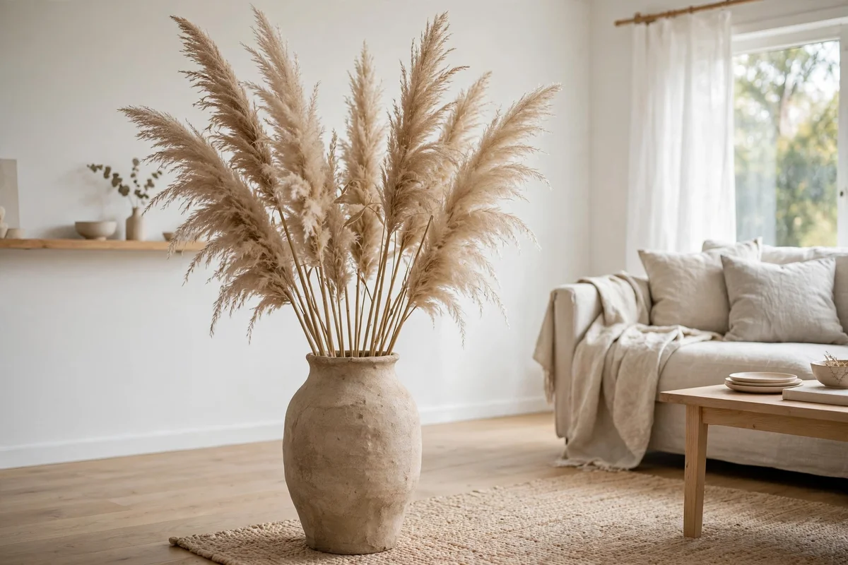 Dried pampas grass in a ceramic vase in a Scandinavian living room