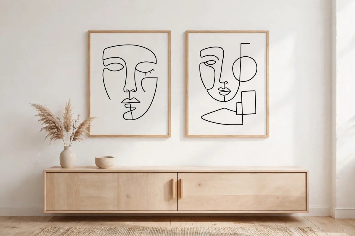 Minimalist line art in thin frames on a white Scandinavian wall