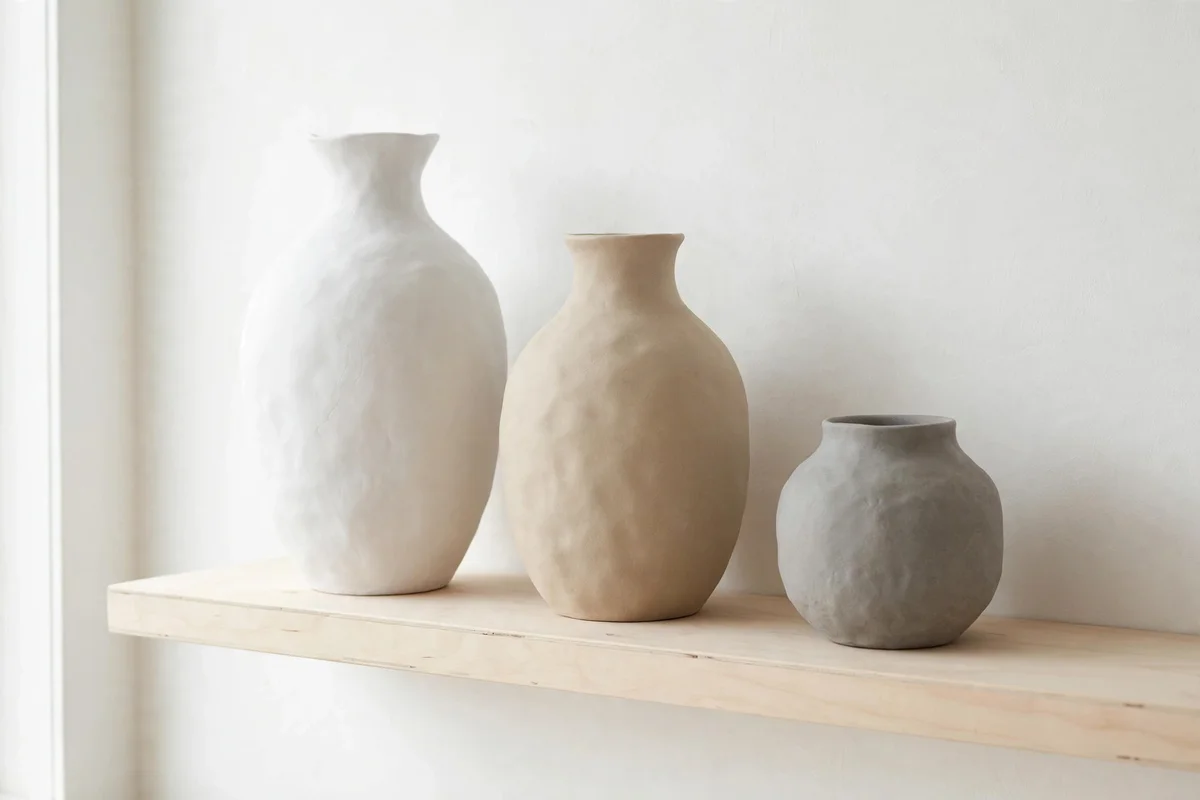 Matte ceramic vases grouped on a shelf in a Scandinavian living room