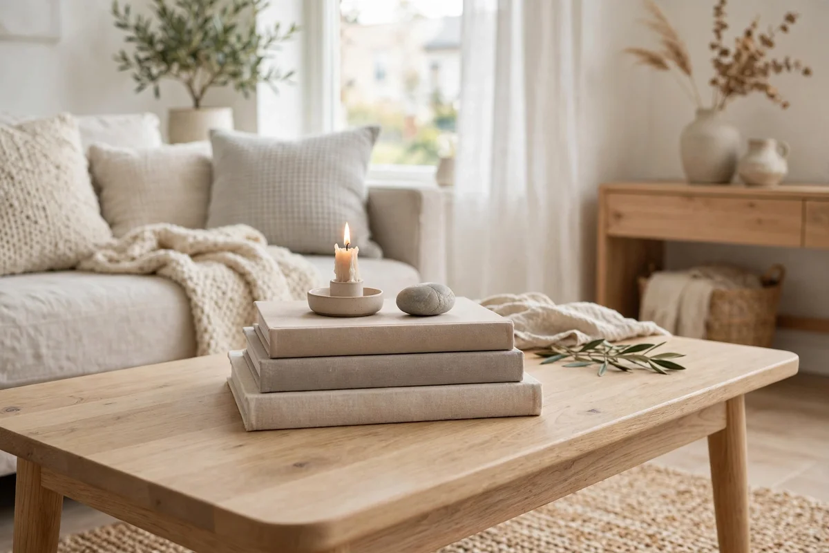 Stack of design books styled on a coffee table in a Scandinavian living room