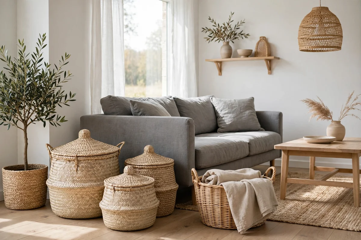 Woven seagrass baskets organizing a Scandinavian living room