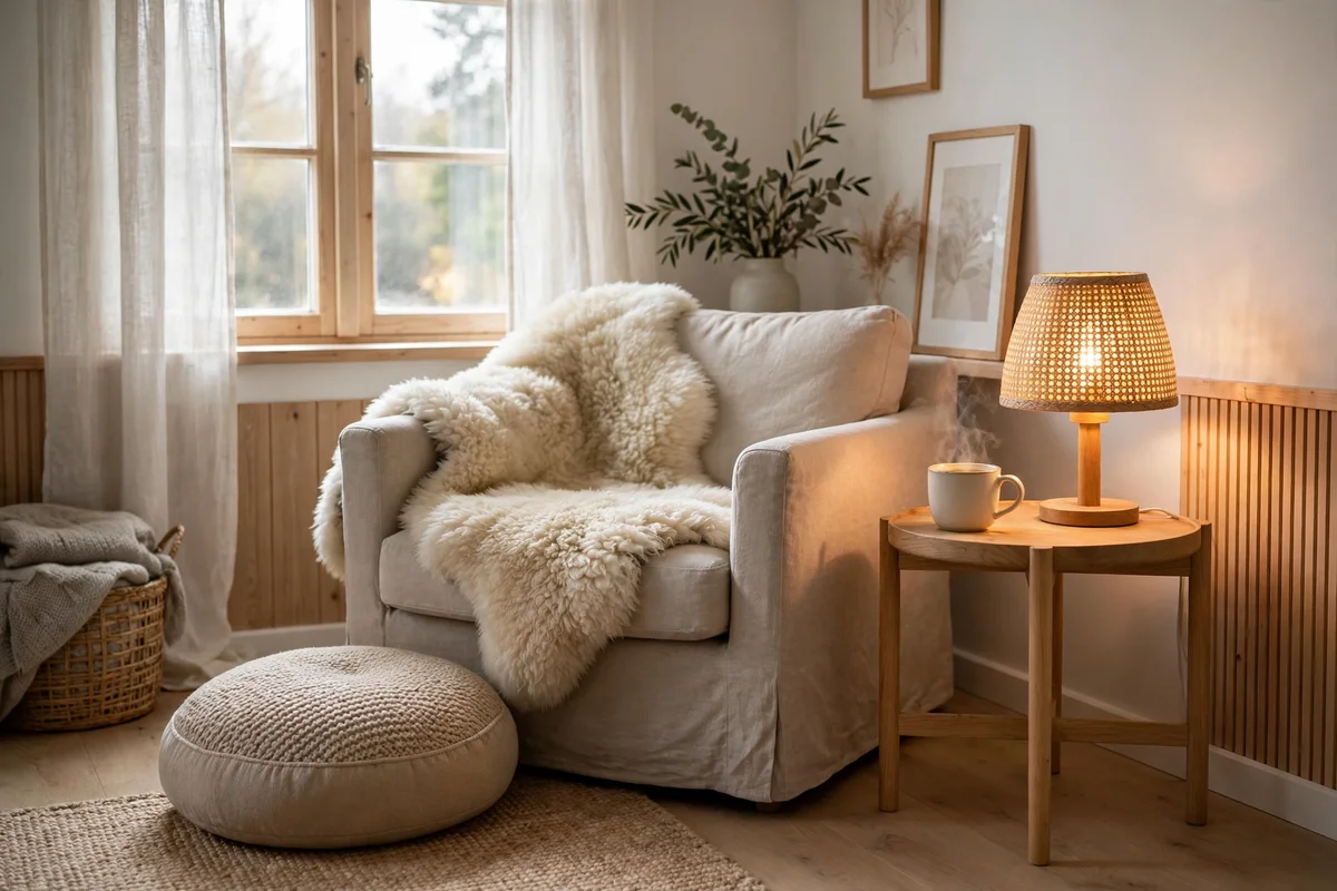 Cozy hygge reading corner with chair, sheepskin and warm lamp