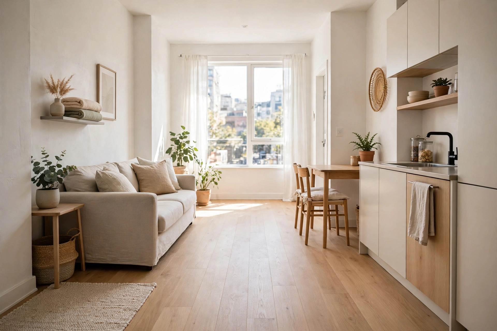 Wide clear walkway through a studio apartment living area with furniture at the edges