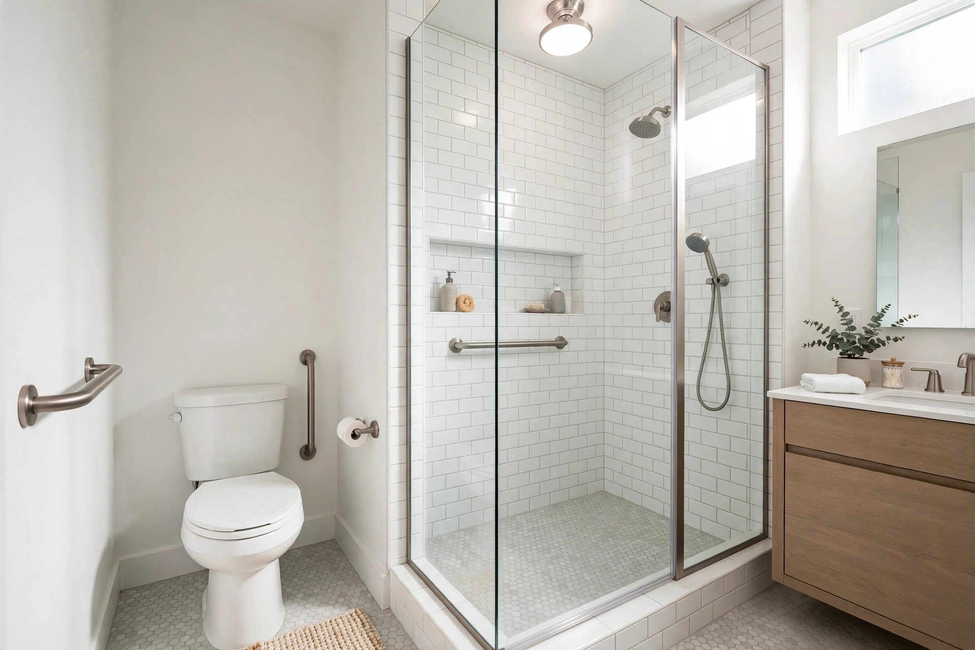 Modern brushed nickel grab bars beside toilet and in walk-in shower of a small bathroom