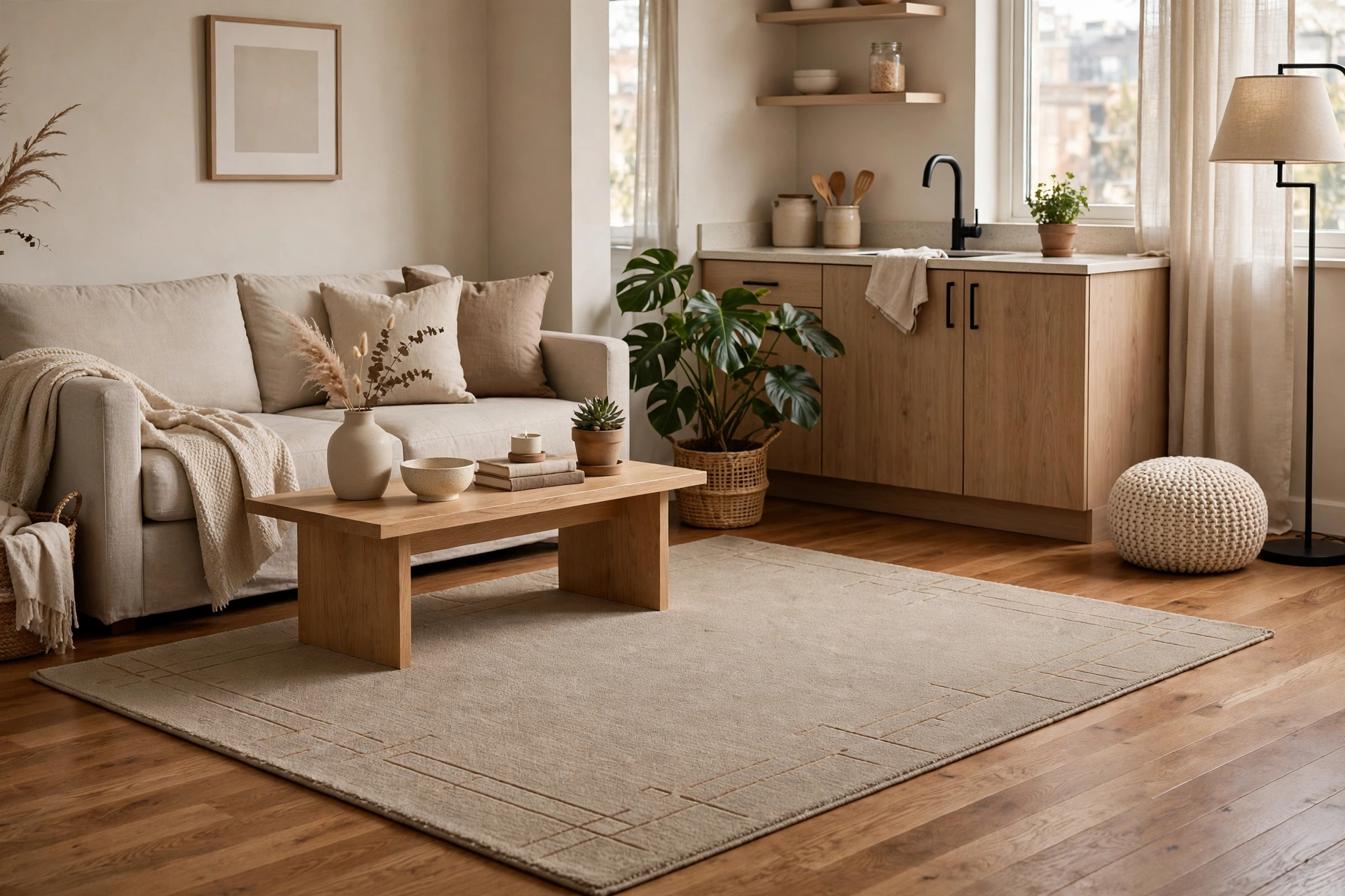 Low-pile non-slip area rug lying flat on hardwood floor in a studio apartment