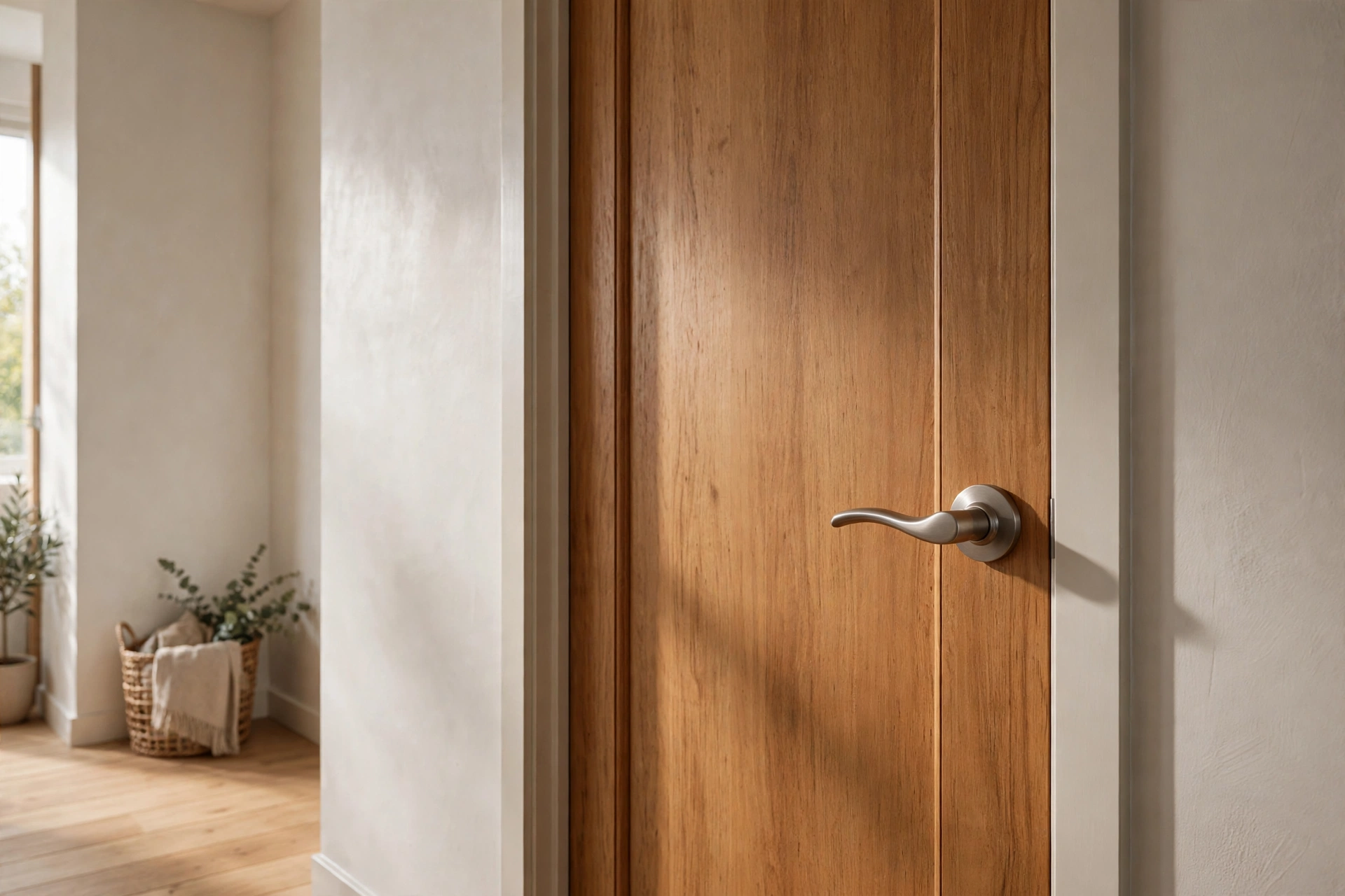 Modern lever-style door handle on an interior apartment door, easy-grip curved design