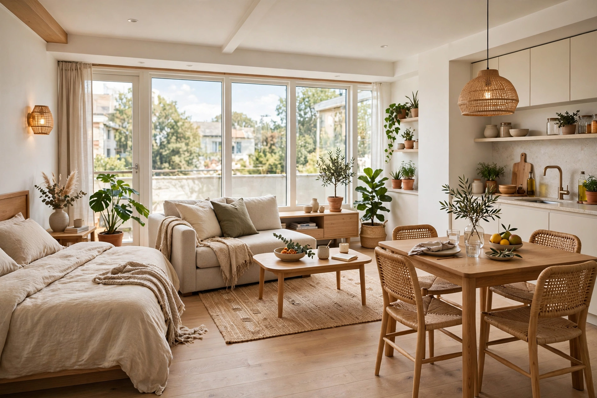 Open-plan studio apartment with sleeping living and dining zones all on one level