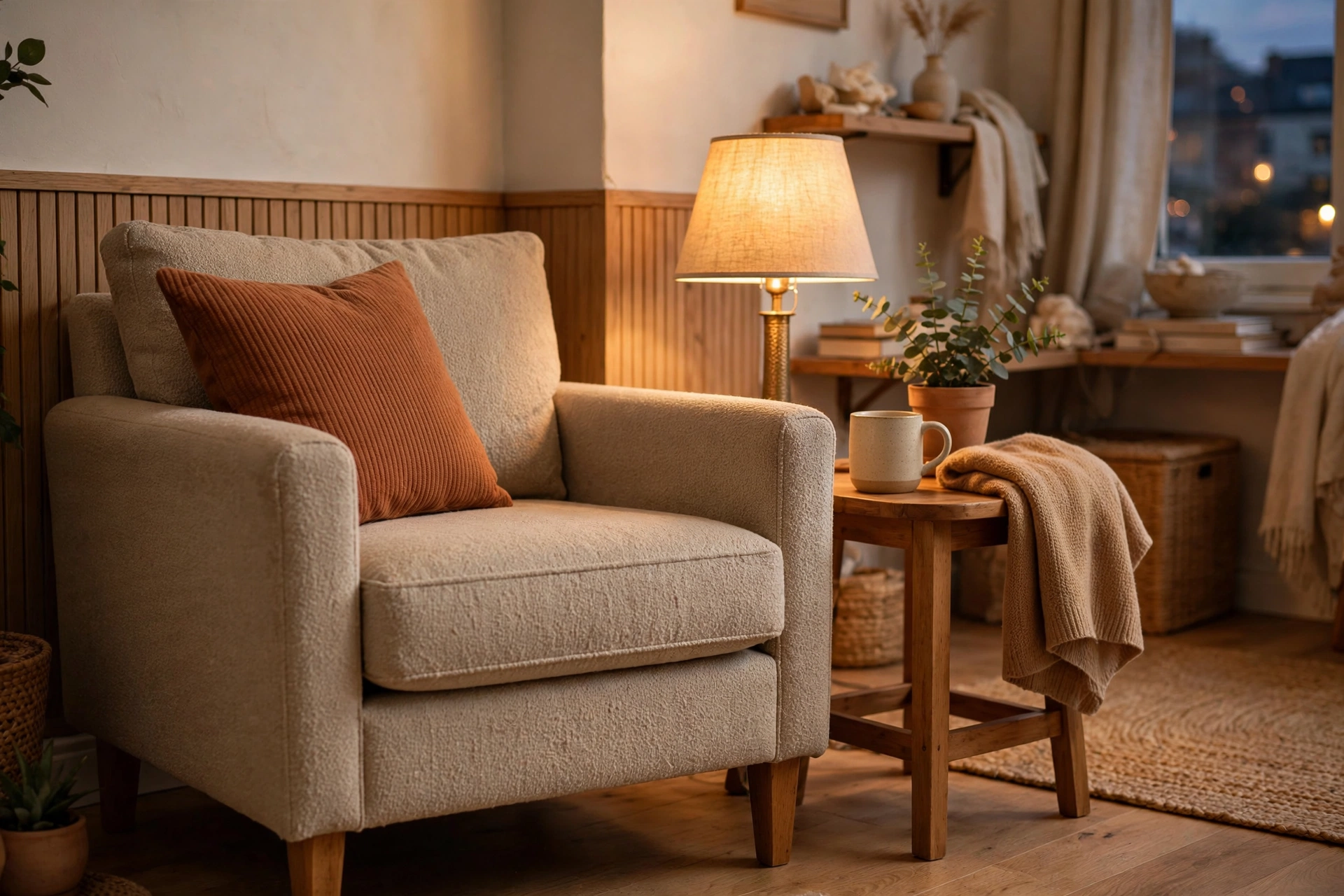 Comfortable armchair at easy stand-up height beside a side table in a studio living corner