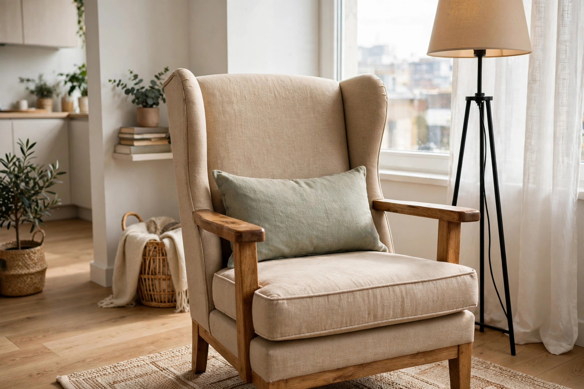 Sturdy wingback armchair with lumbar pillow in a bright studio apartment reading corner