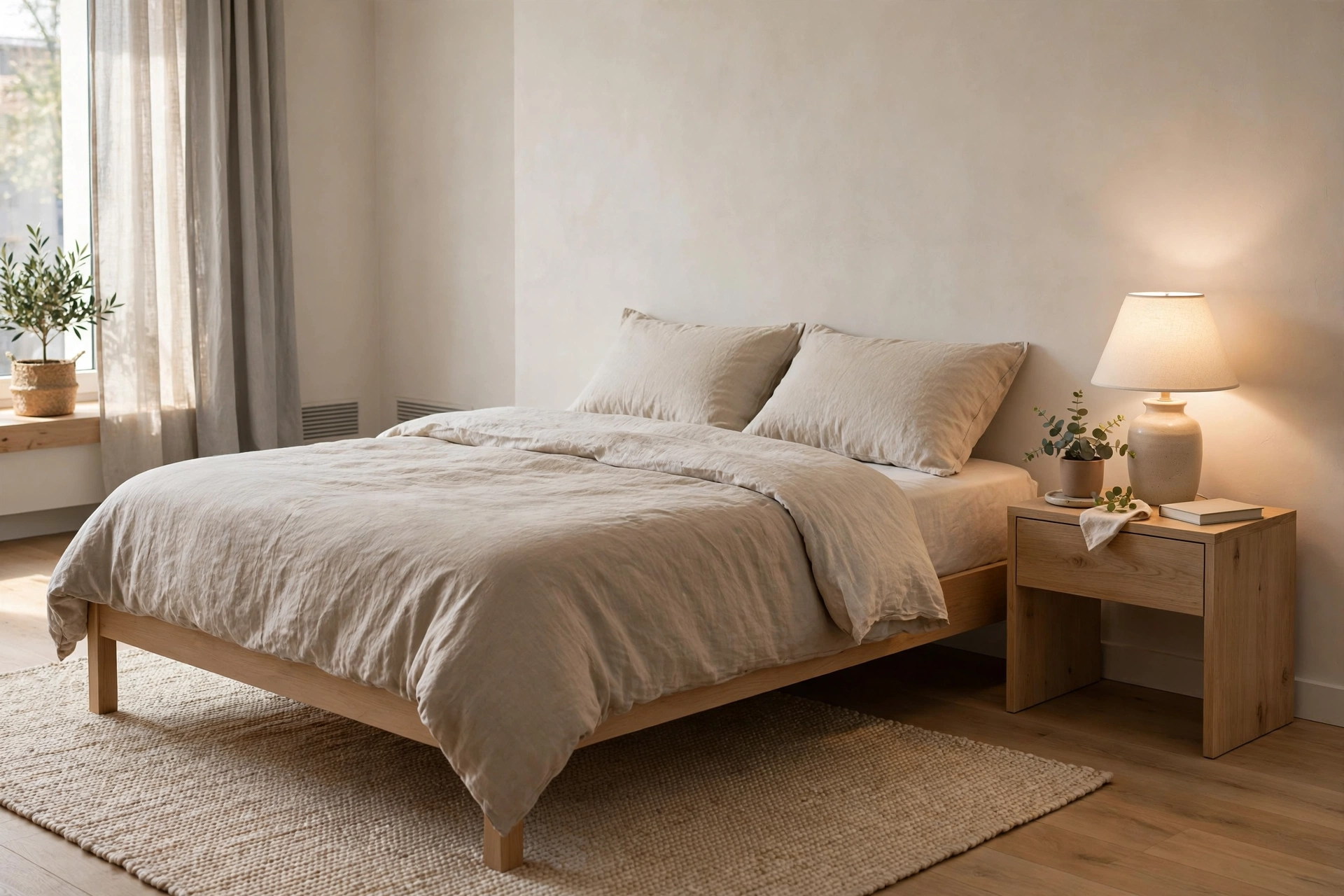 Bed at comfortable knee height with neutral bedding in a studio apartment sleeping zone