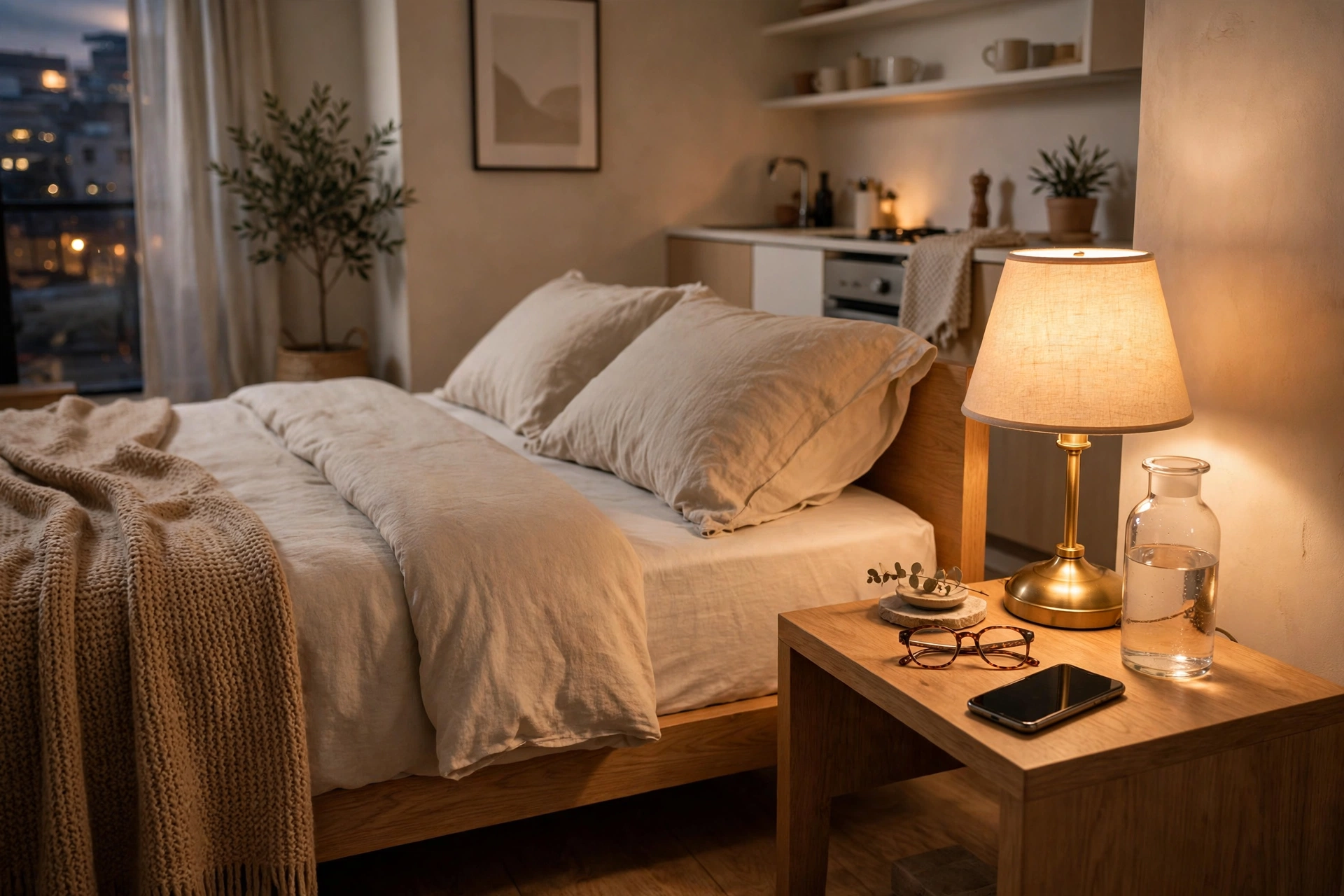 Bedside table with touch lamp water carafe glasses and phone beside a neatly made bed