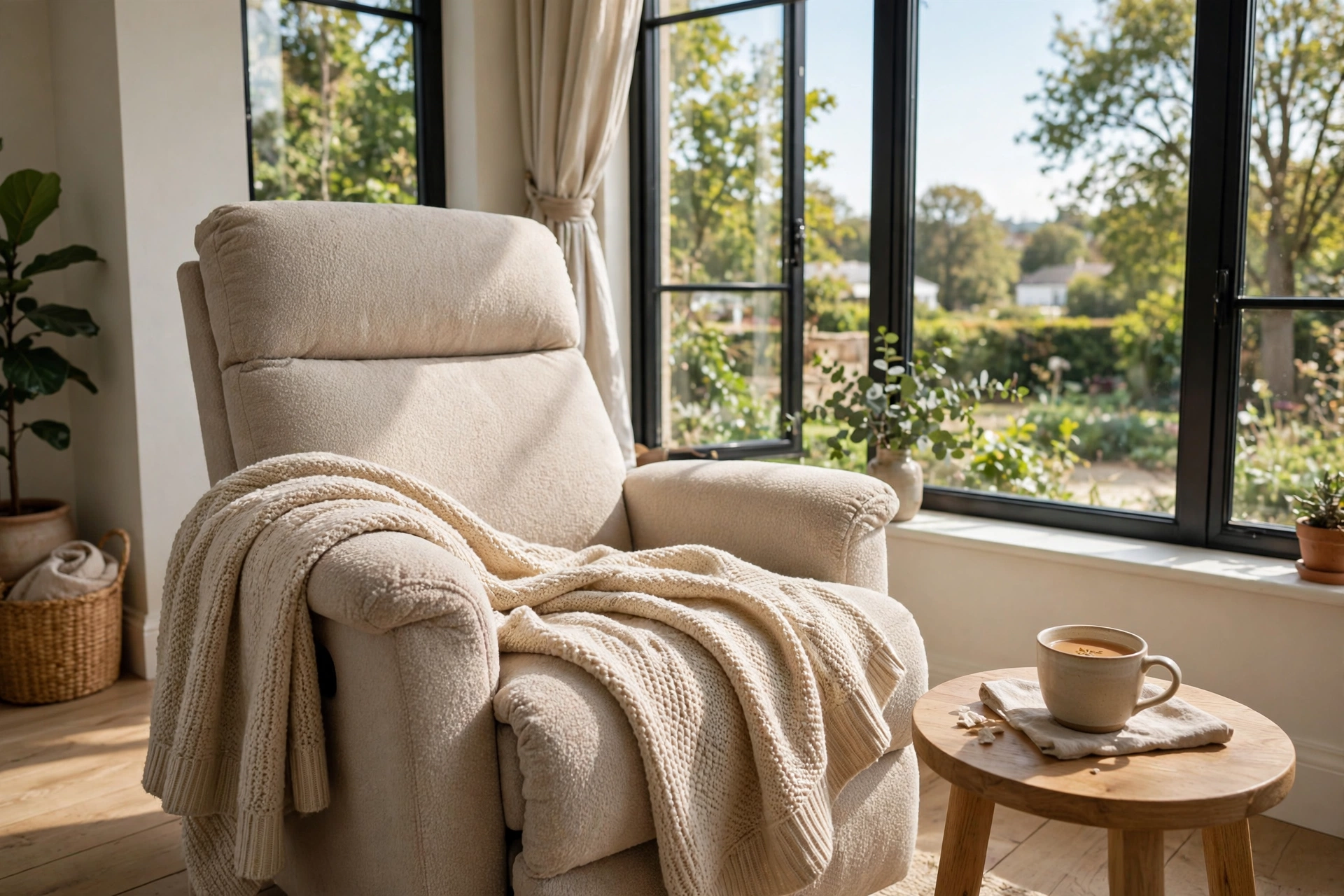 Comfortable reclining chair by a large bright window with side table and throw blanket