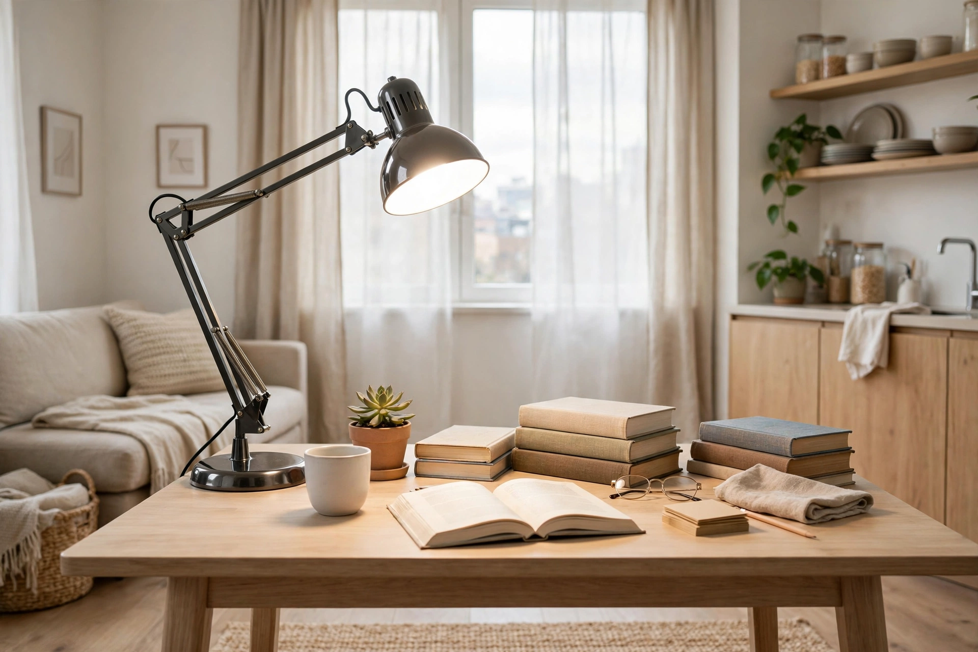 Bright adjustable task lamp illuminating a reading table in a studio apartment