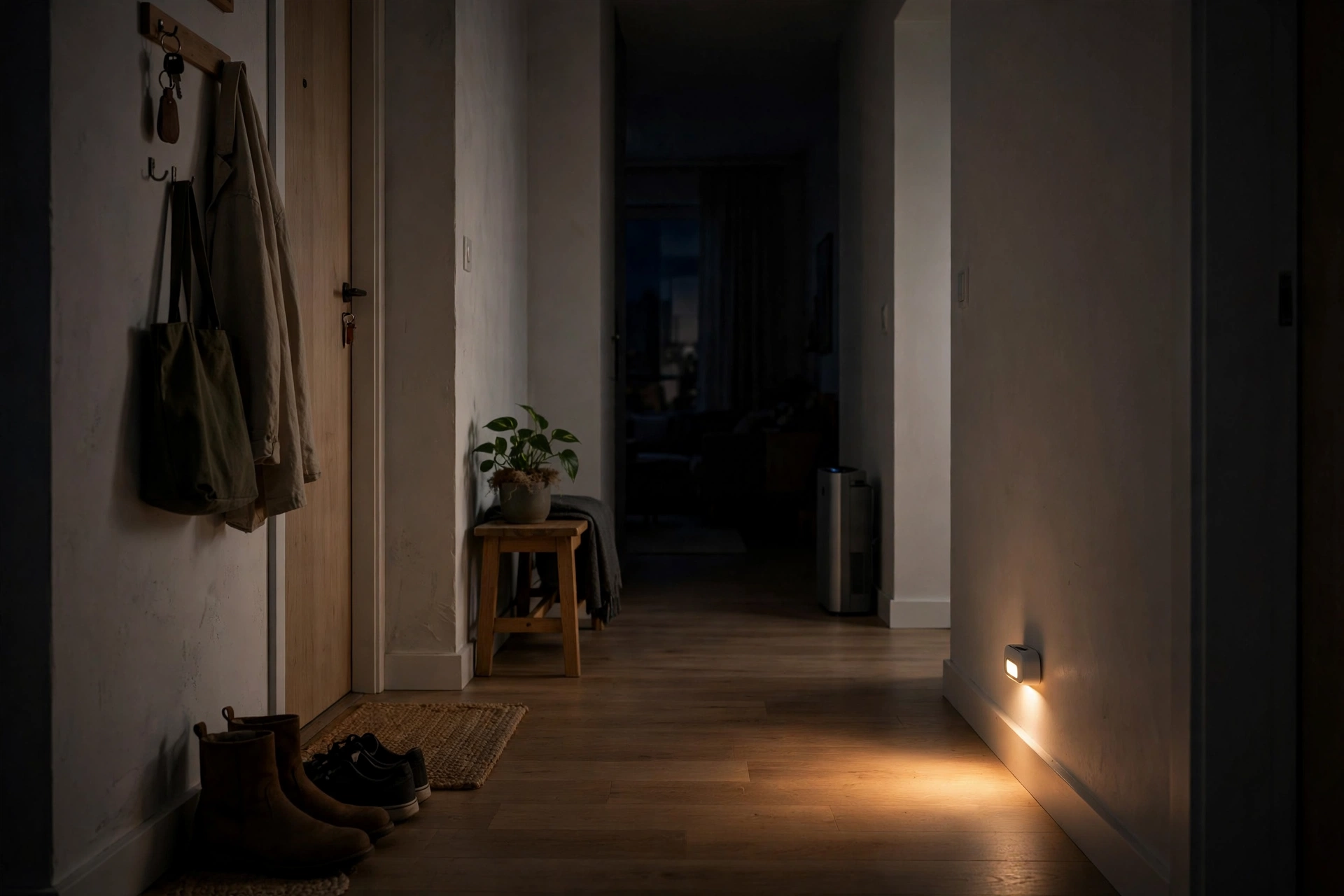 Motion-sensor LED light glowing softly in a dark studio apartment hallway at night