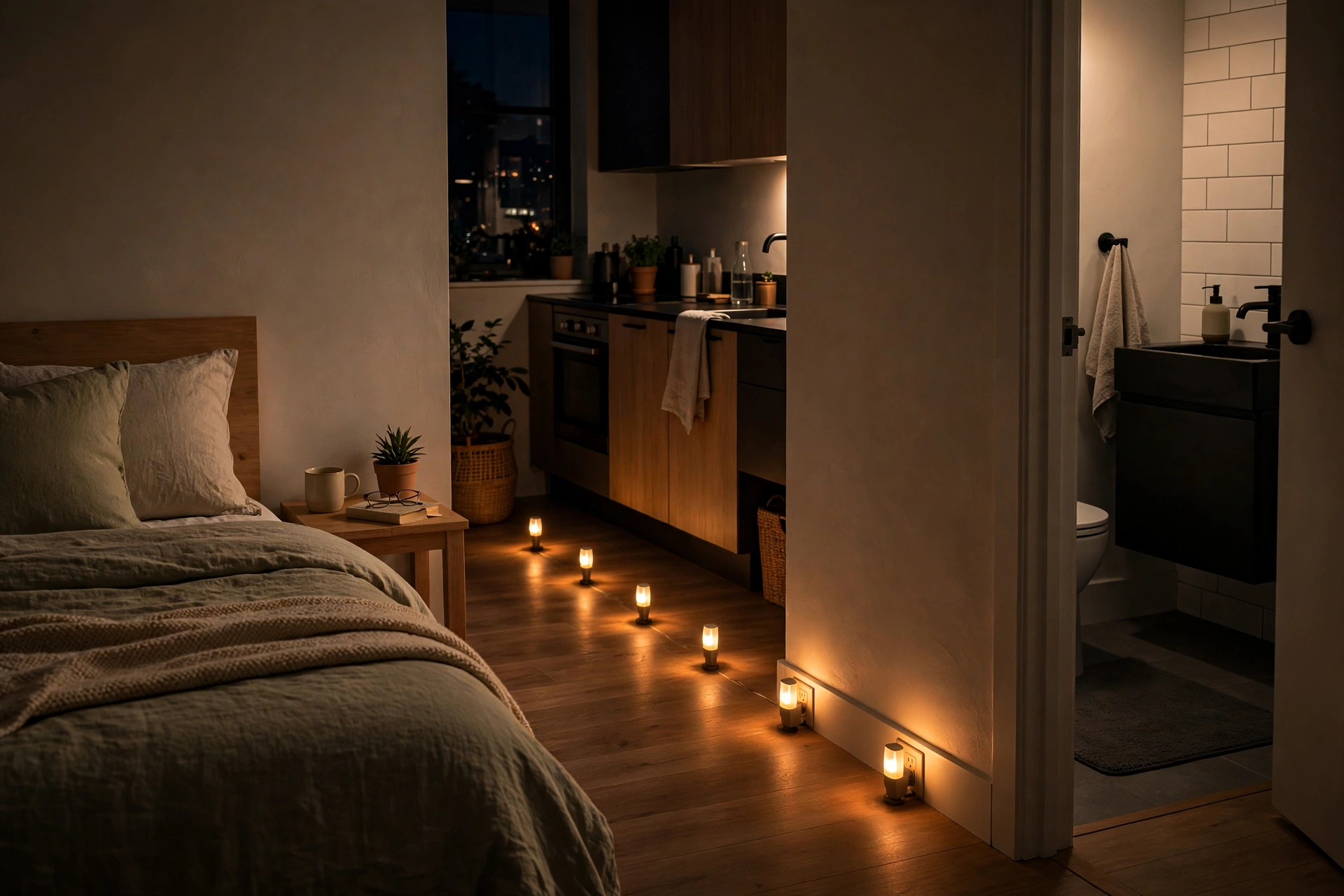 Plug-in nightlights creating a softly lit pathway from bed to bathroom at night