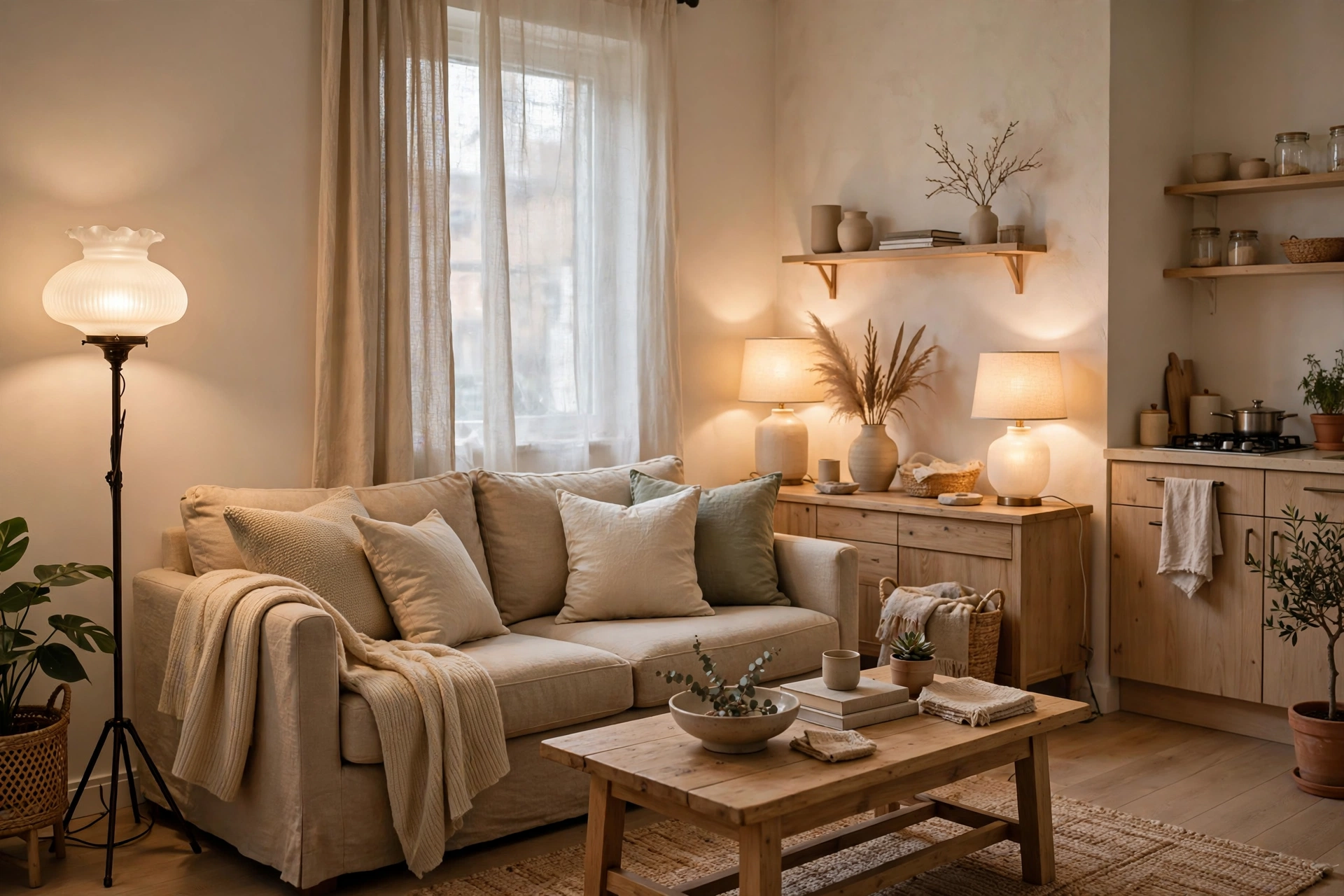 Living room with frosted-shade lamps giving soft diffused glare-free light in a studio