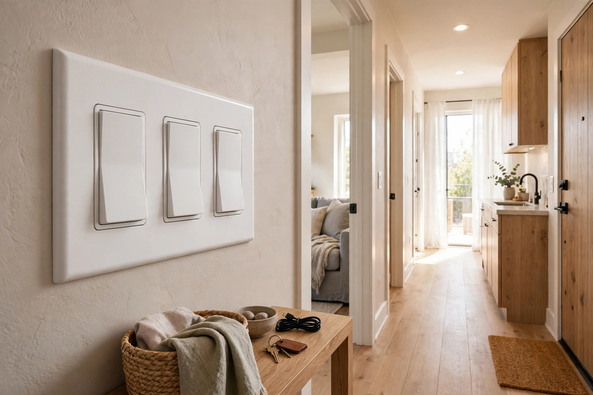 Large rocker-style light switches on a wall near a studio apartment entryway