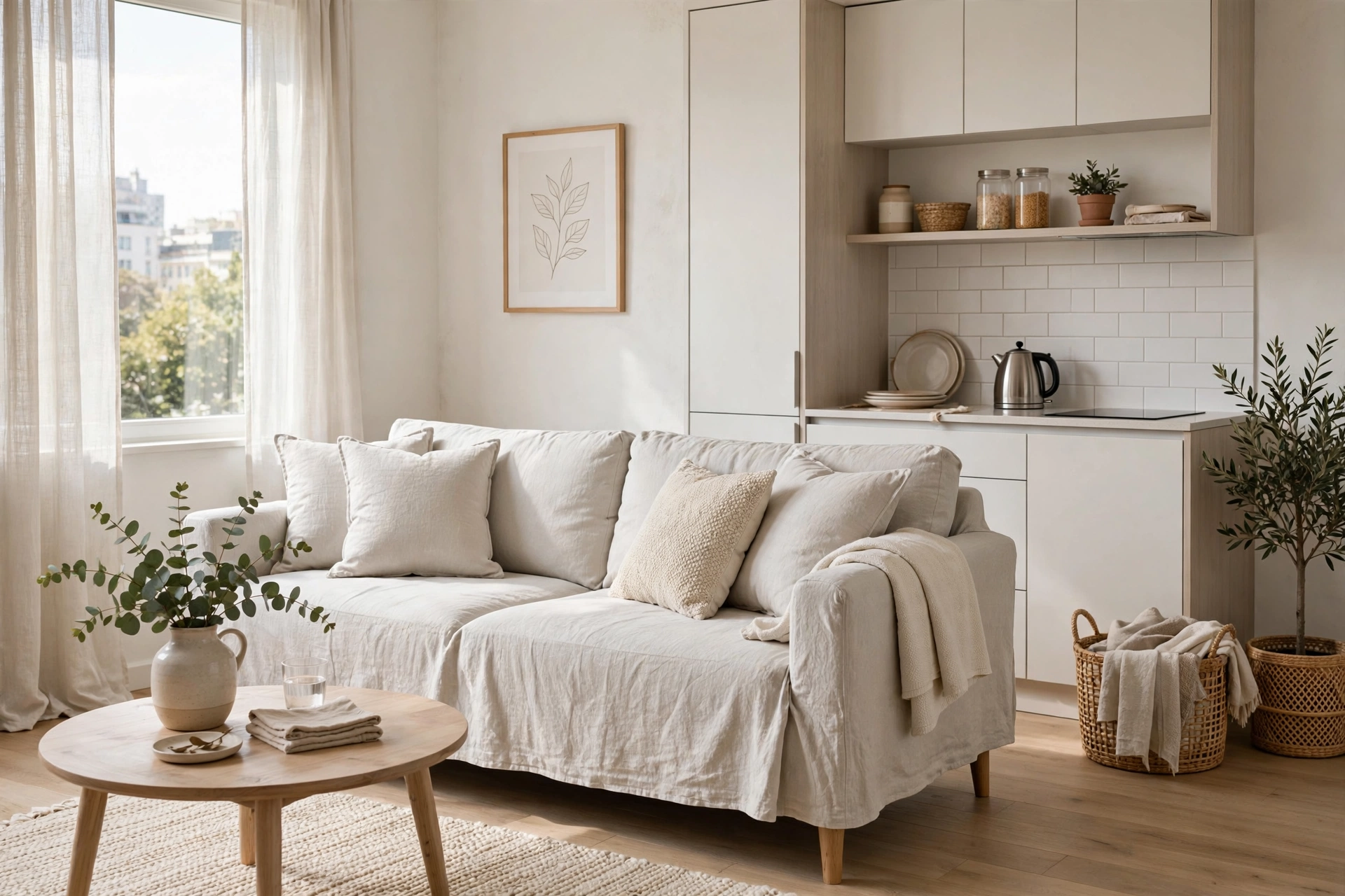 Sofa with removable washable linen slipcover in a light neutral color in a studio