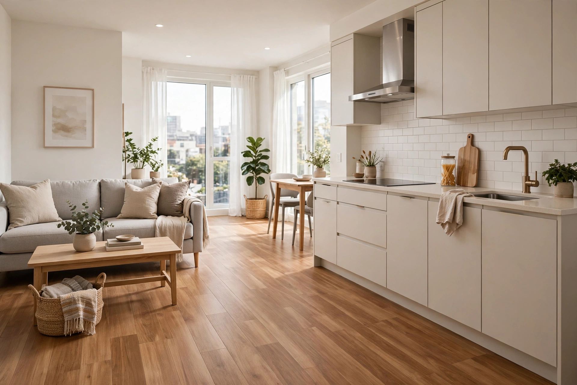 Luxury vinyl plank flooring in warm wood tone in a tidy bright studio apartment