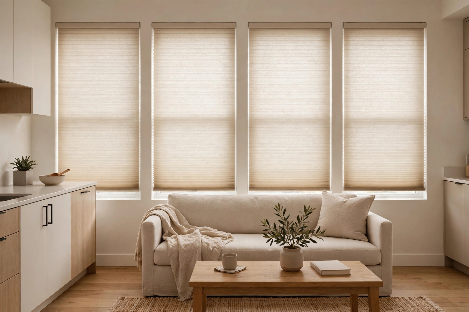 Simple cordless cellular window shades with soft filtered daylight in a studio