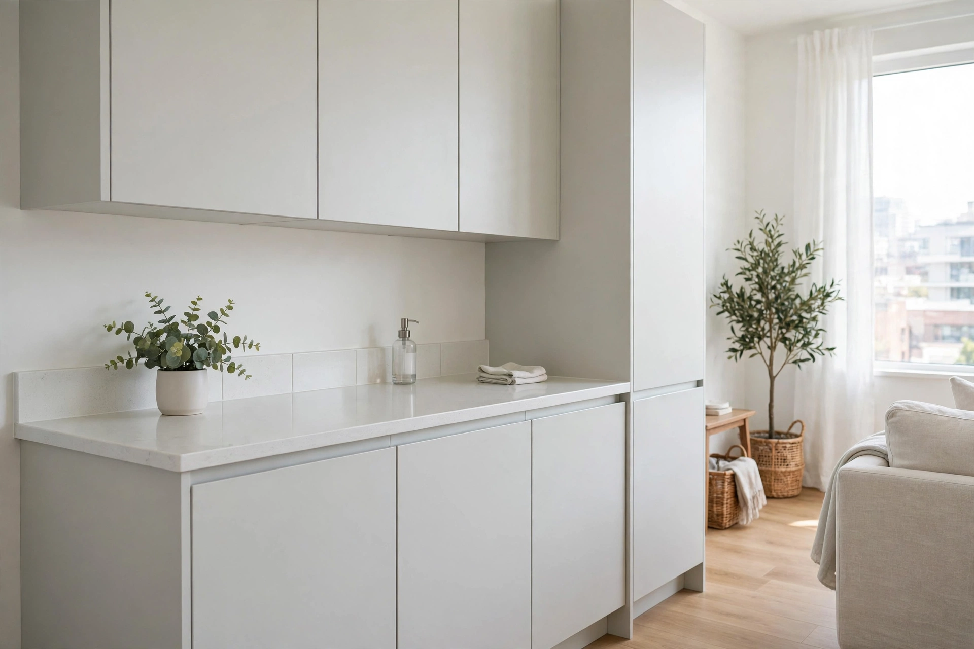 Small kitchenette with smooth quartz countertop and easy-wipe cabinets in a studio