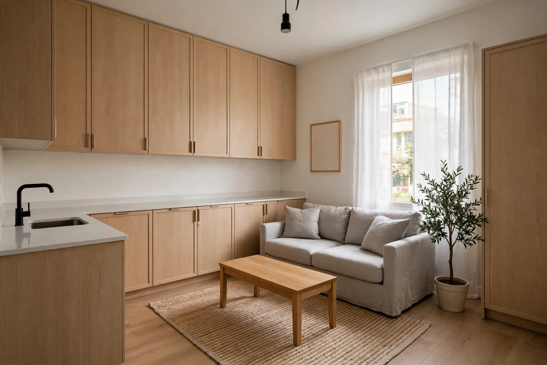 Tidy studio apartment with closed storage cabinets and clear surfaces, calm and organized