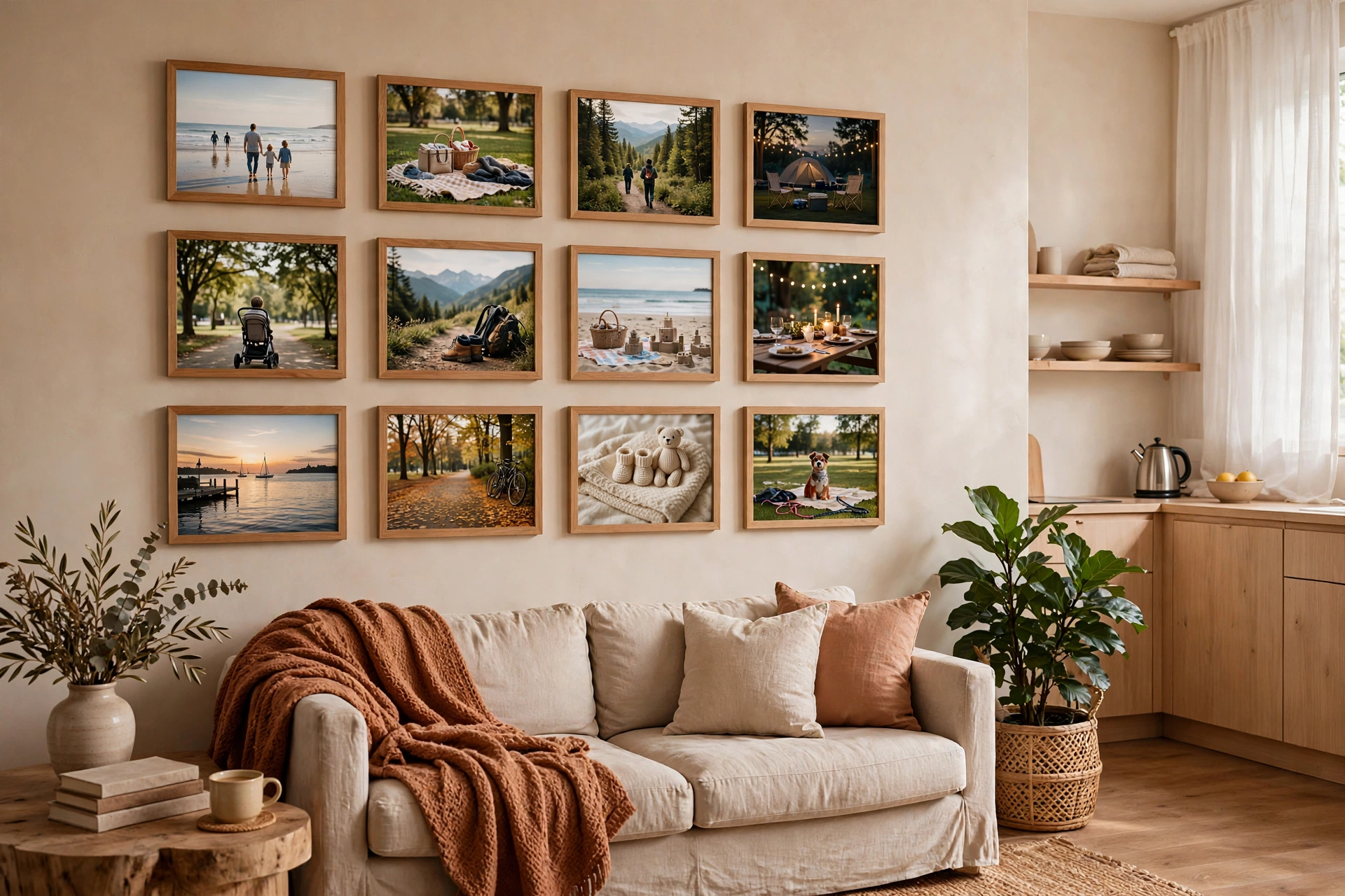 Gallery wall of framed family photos in matching frames on a studio apartment wall