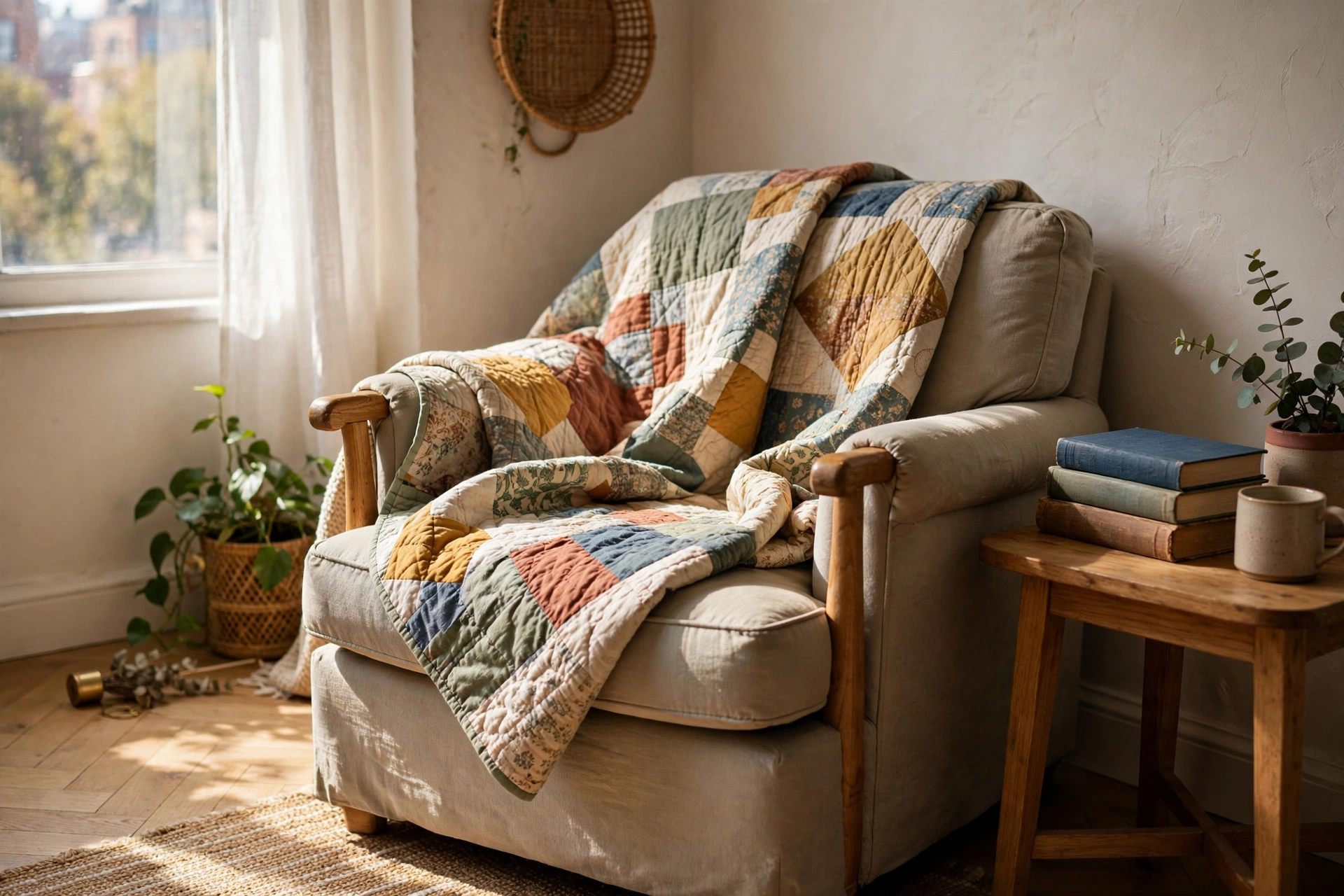 Beloved comfortable armchair with a quilt draped over it in a sunny studio corner