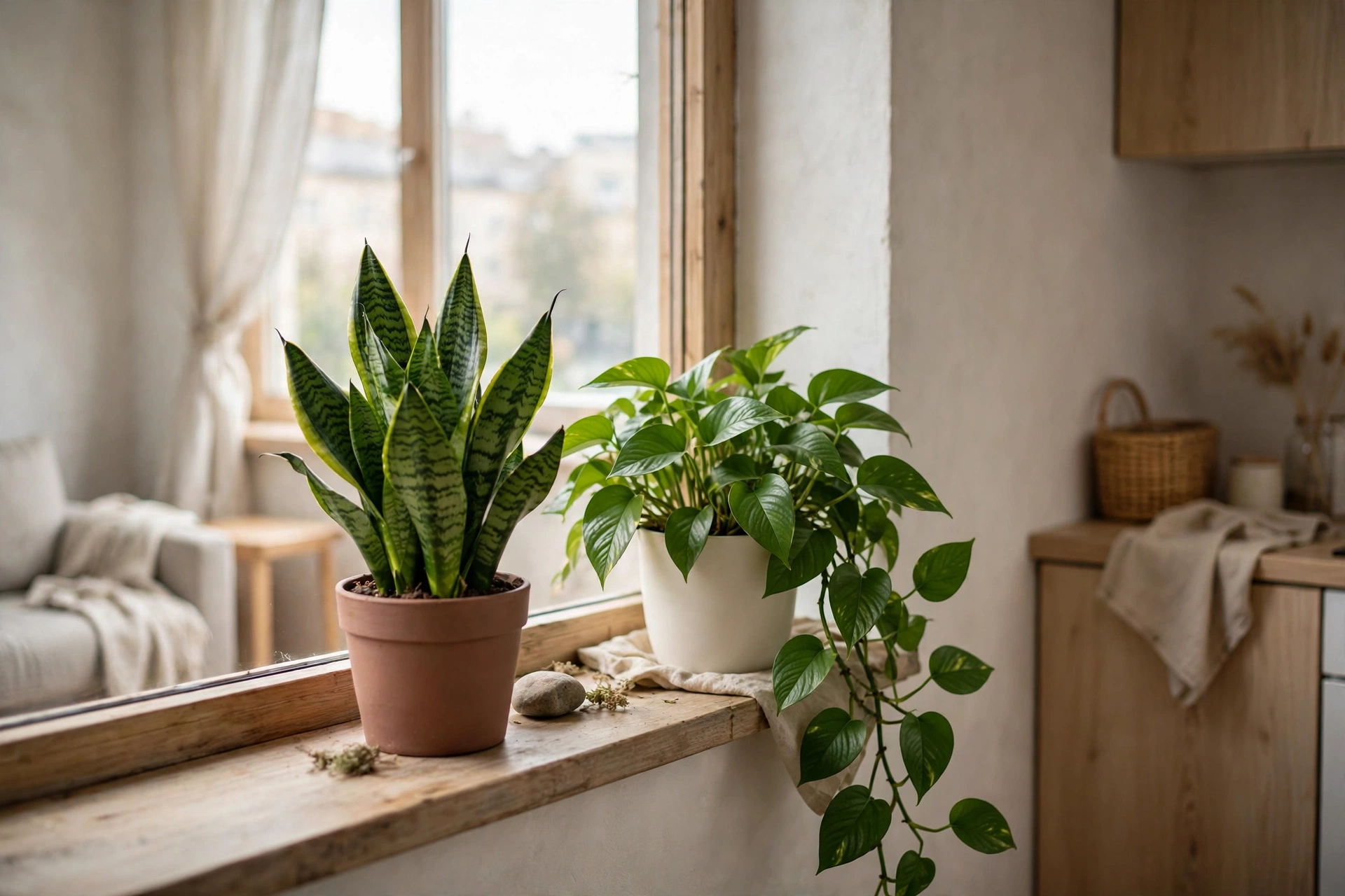 Easy-care snake plant and pothos in simple pots on a windowsill in a studio apartment
