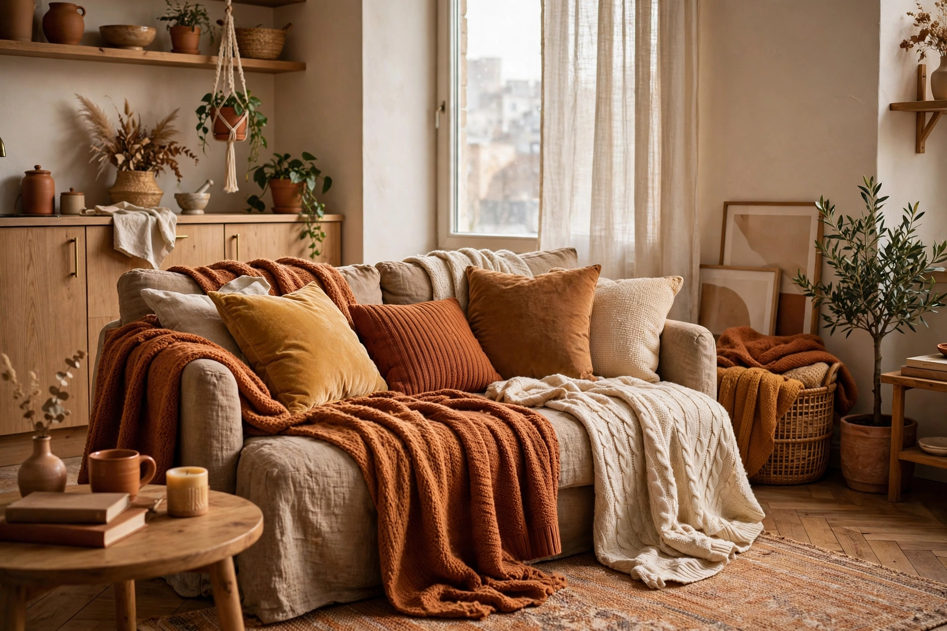 Sofa layered with soft knit throws and plush cushions in warm tones in a studio