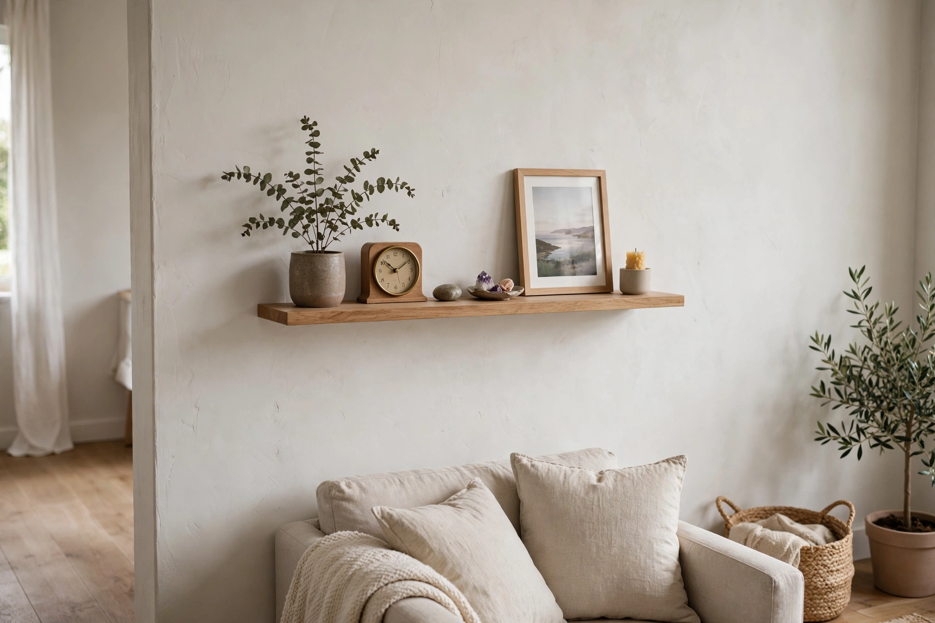 Small floating shelf with cherished keepsakes and a framed photo in a studio apartment