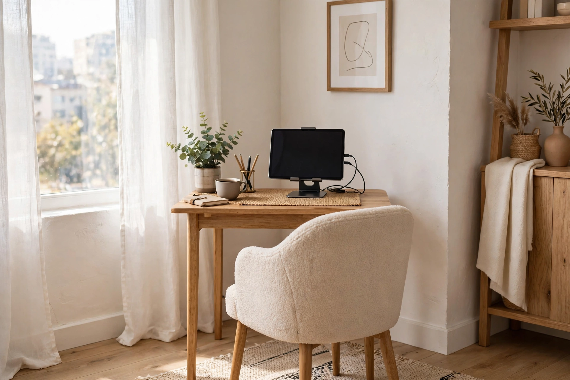 Small desk with tablet on a stand set up for video calls in a bright studio corner