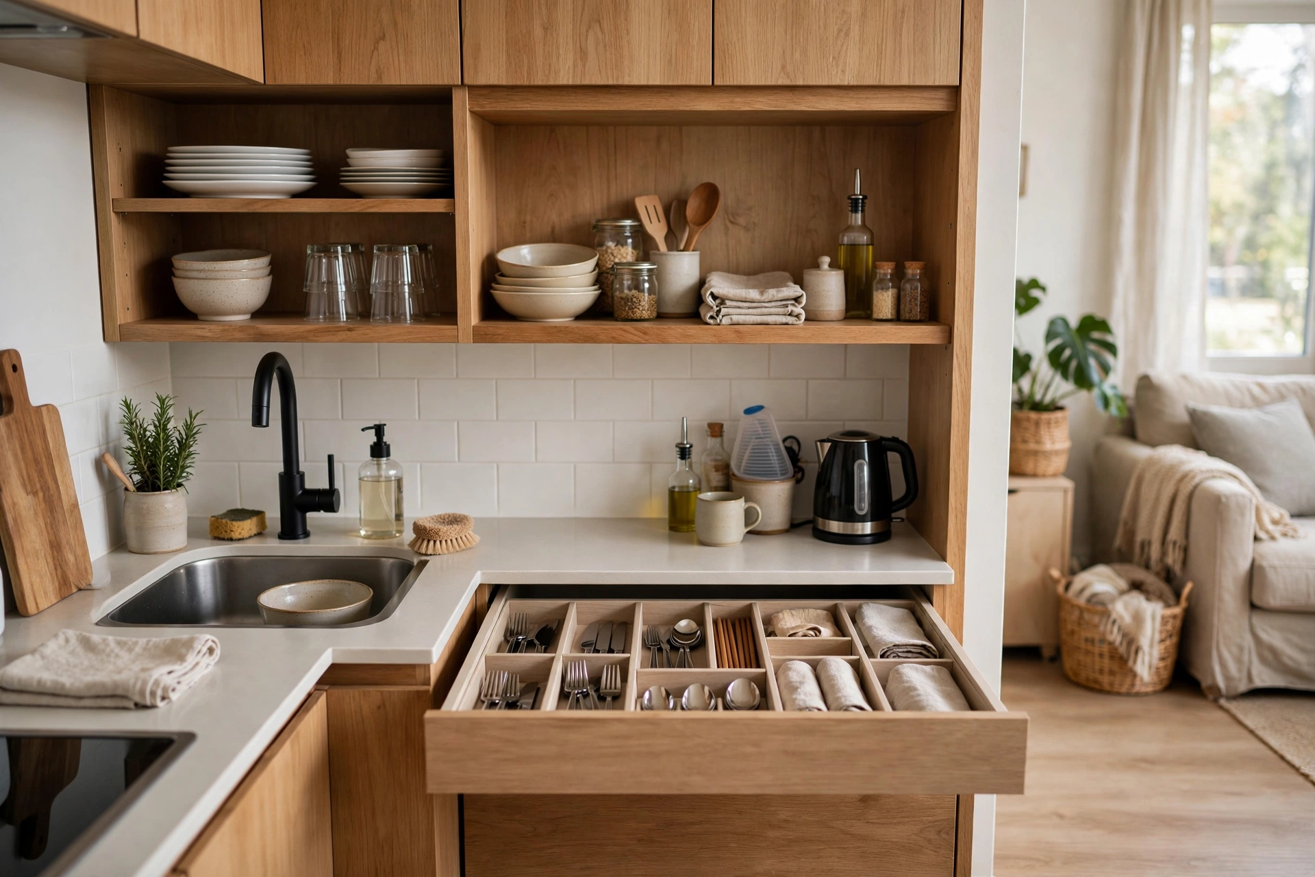 Kitchenette with everyday items at counter height in easy-reach shelving in a studio