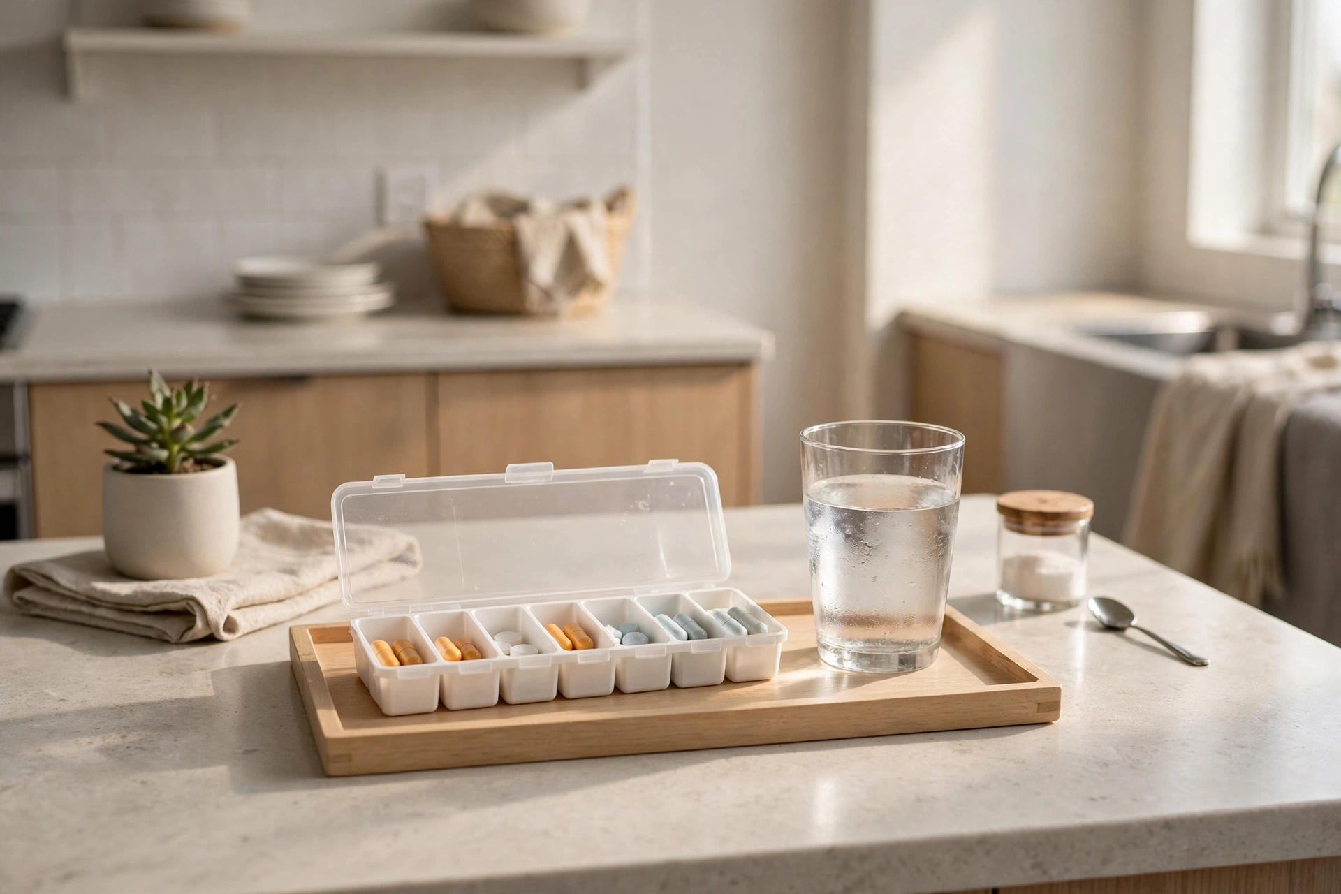 Weekly pill organizer and glass of water on a tray on a kitchen counter in a studio