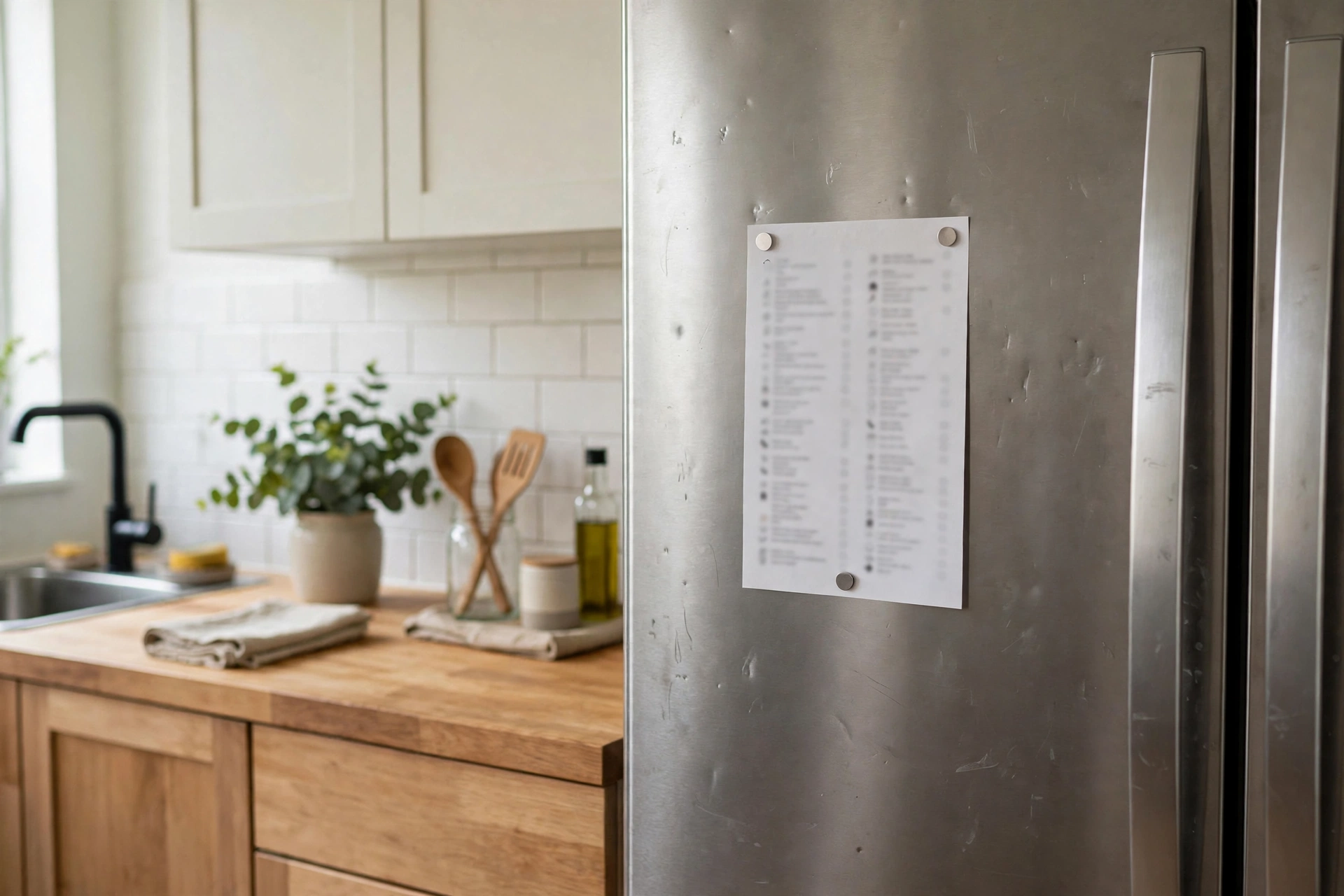 Refrigerator door with emergency contact list held by magnets in a studio kitchen