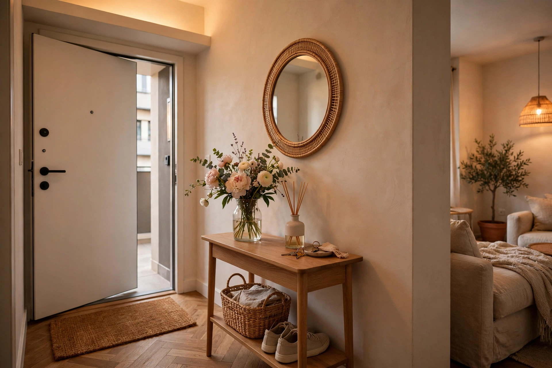 Studio apartment entryway with console table fresh flowers and warm welcoming light
