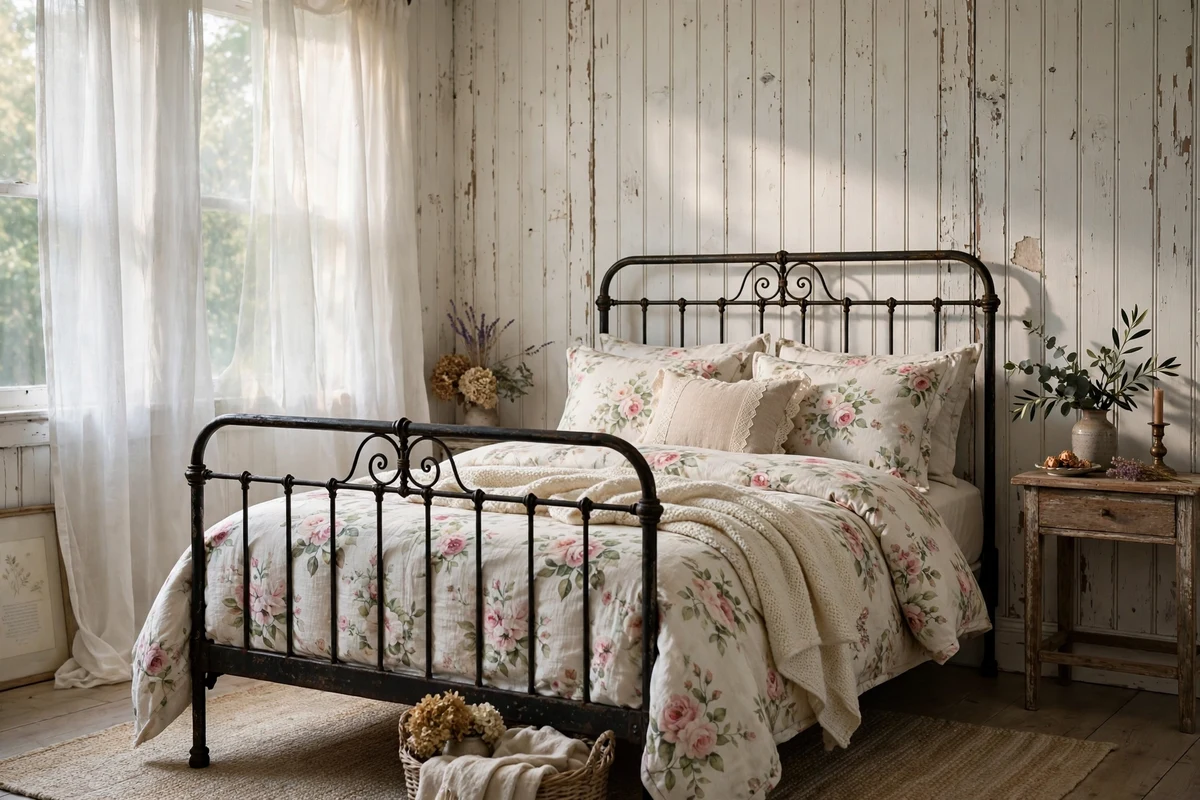 Distressed white beadboard walls in a shabby chic bedroom