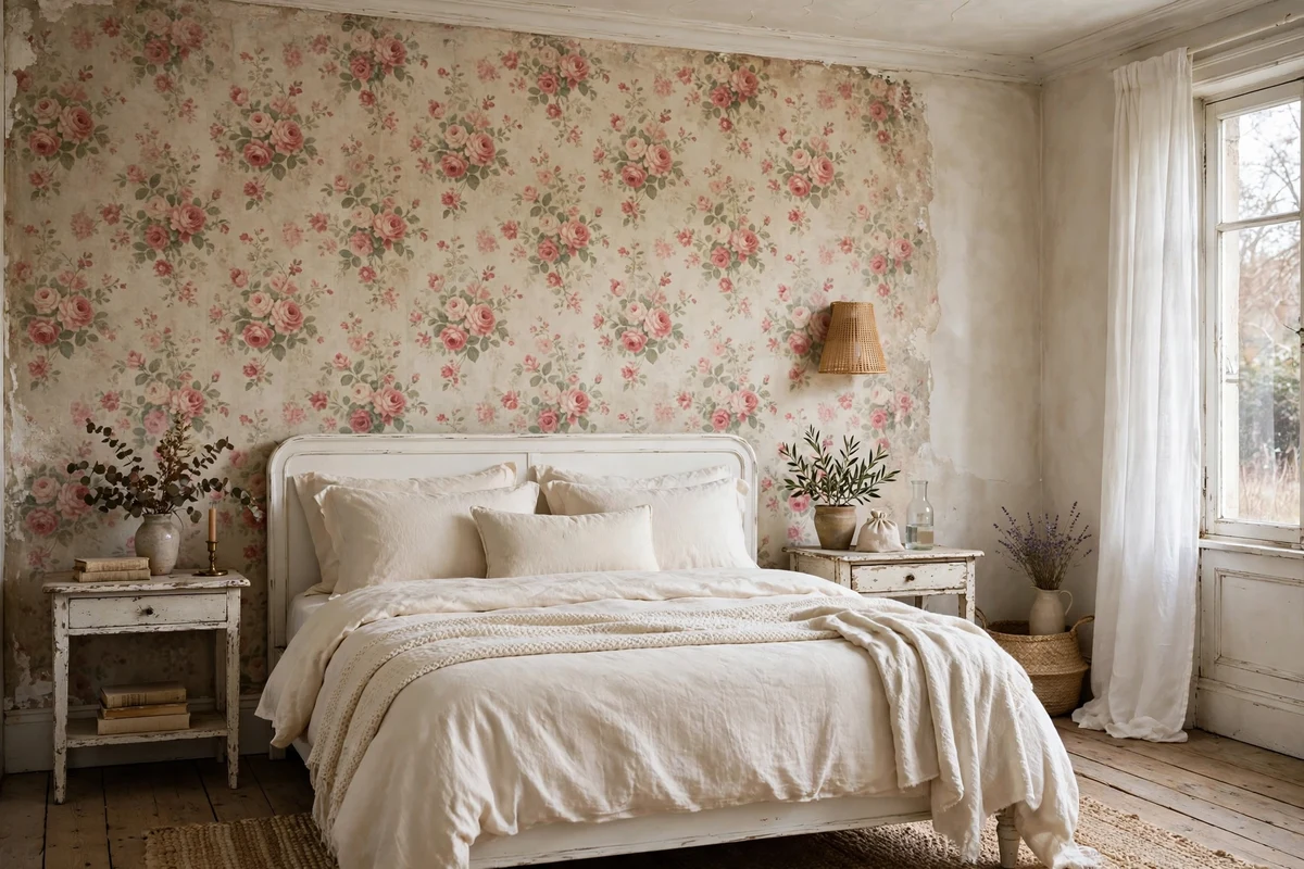 Vintage floral wallpaper accent wall in shabby chic bedroom