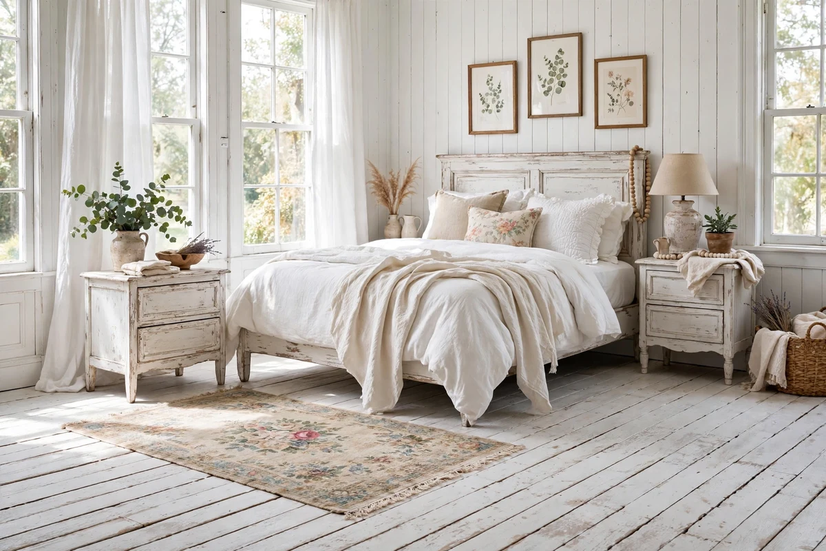 Whitewashed wood plank floors in a shabby chic bedroom